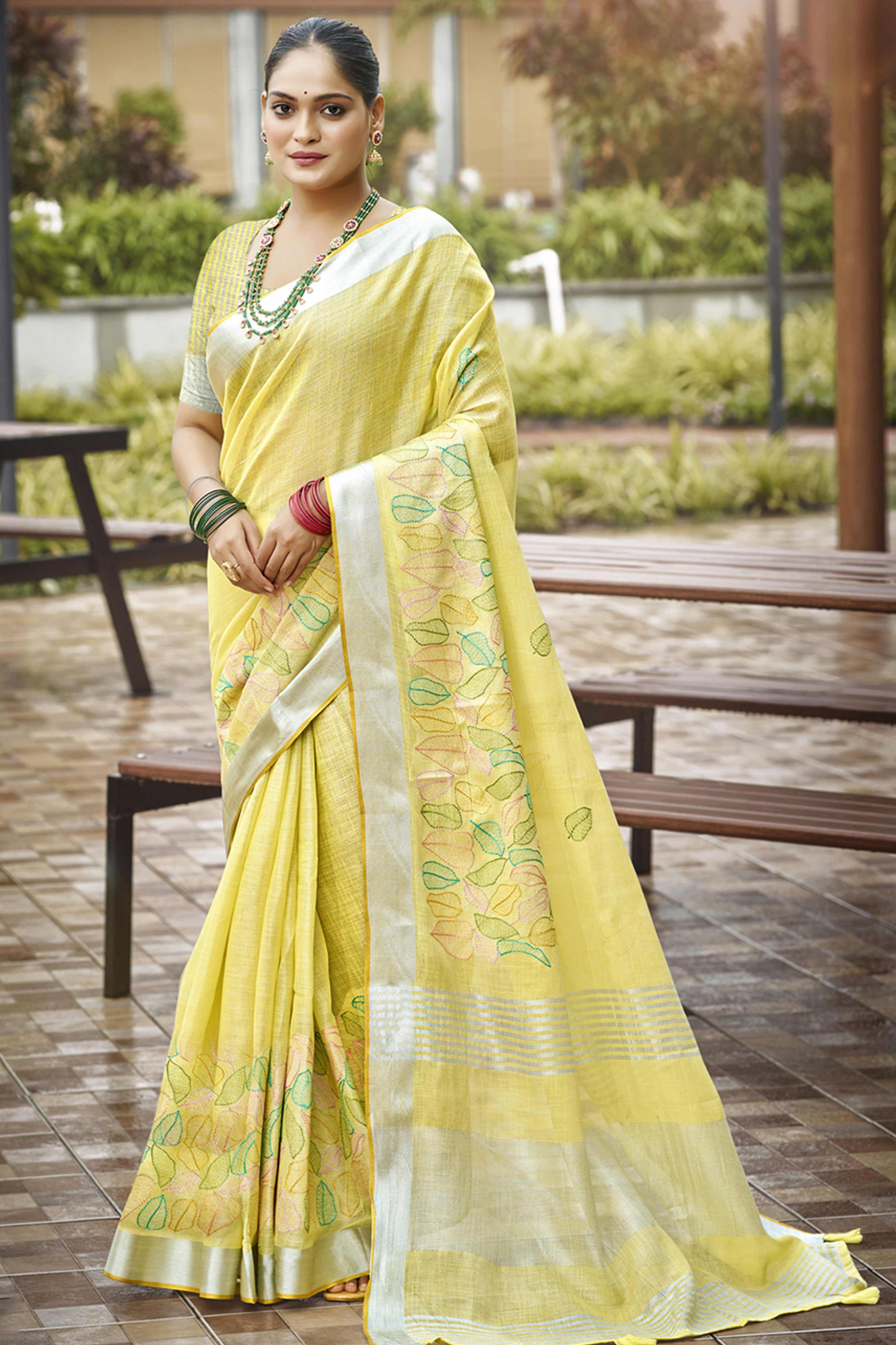 Classic Yellow Leaf Pattern Thread Embroidery Work Linen Saree With Tassel Pallu