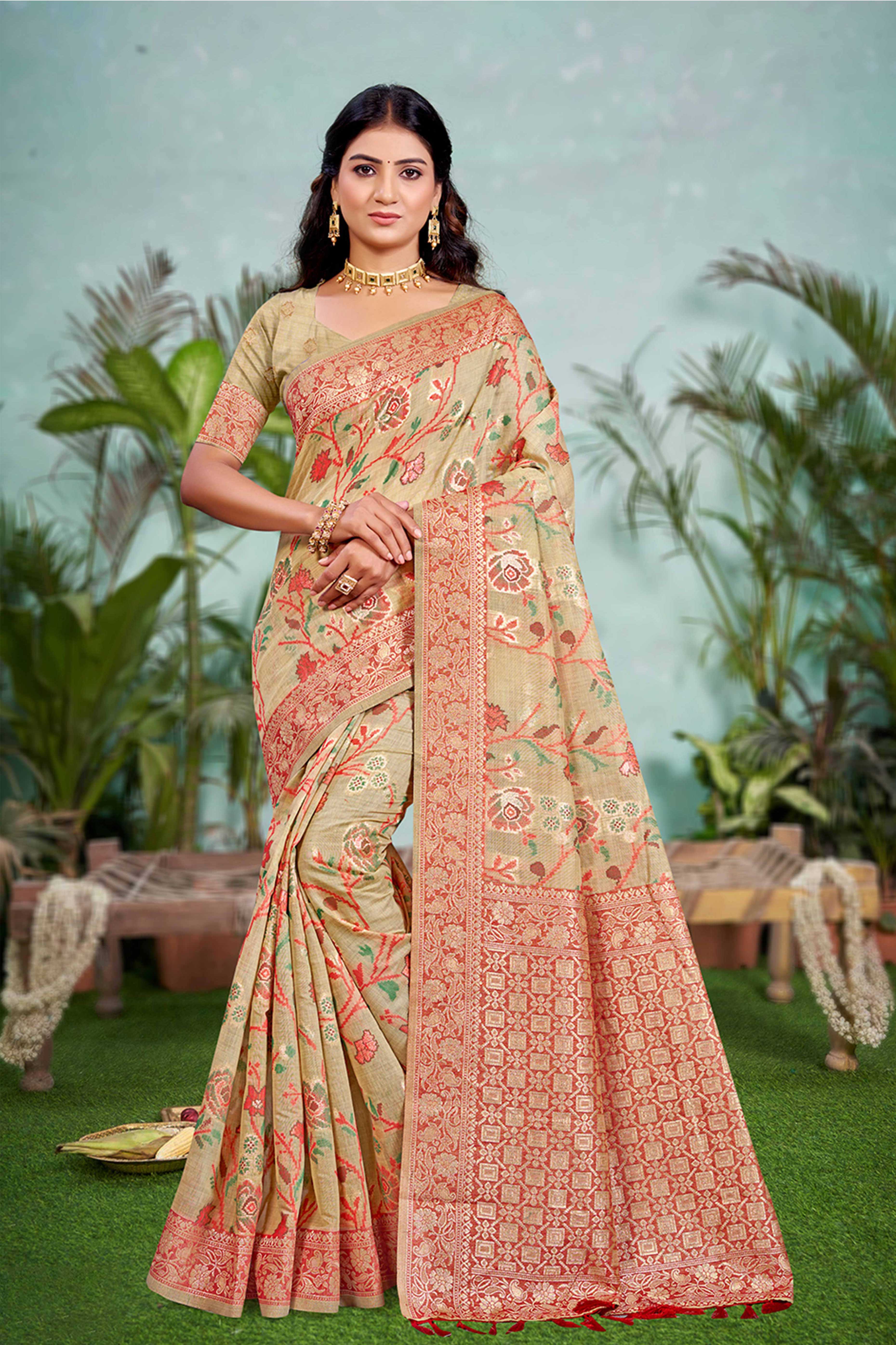 Captivating Beige Floral Zari Weaving Cotton Silk Saree Accented With Tassel Pallu