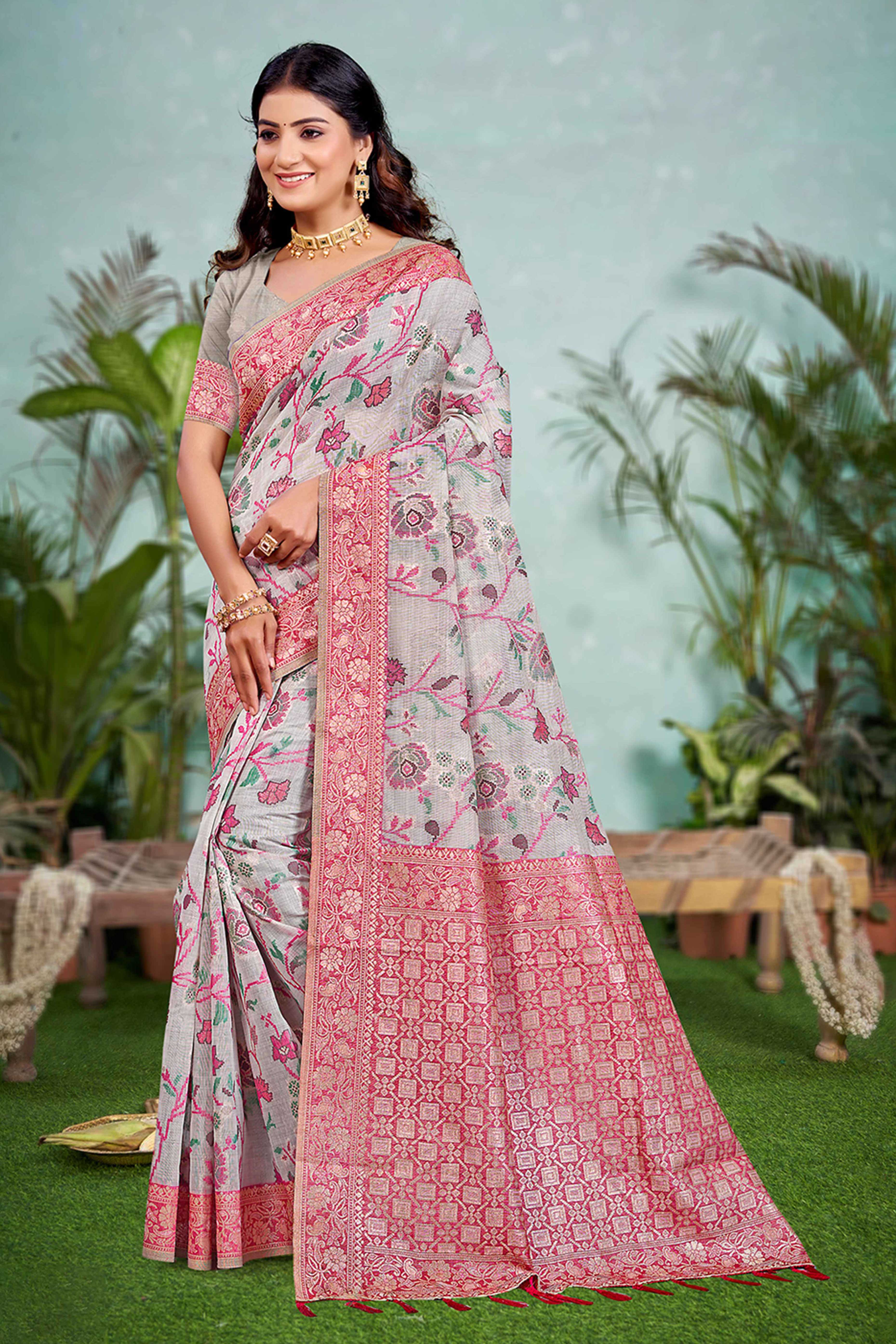 Captivating Grey Floral Zari Weaving Cotton Silk Saree Accented With Tassel Pallu