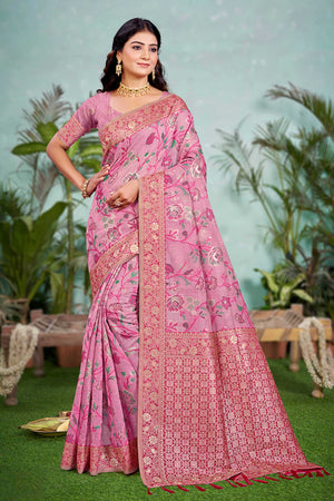Captivating Pink Floral Zari Weaving Cotton Silk Saree Accented With Tassel Pallu