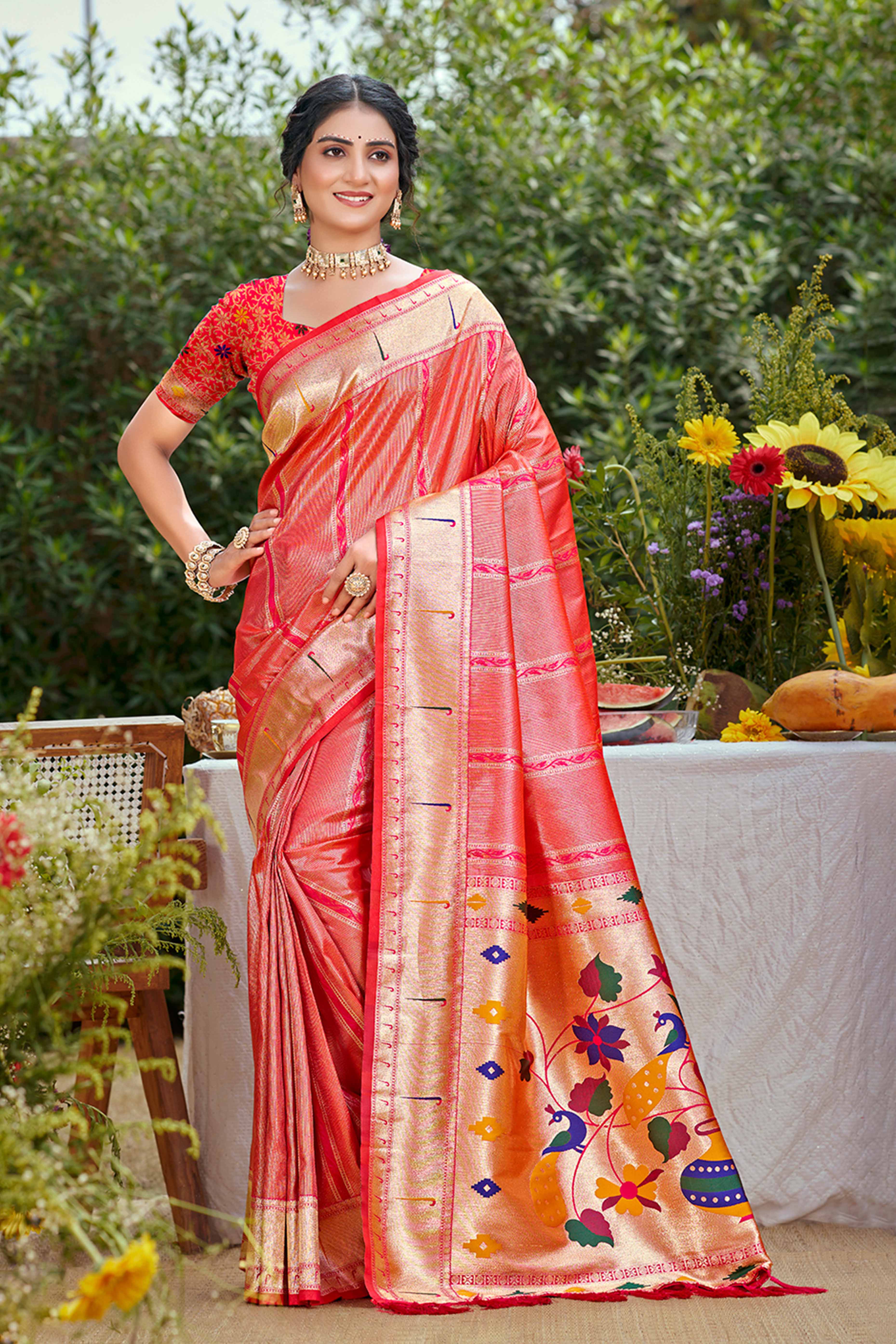 Coral Pink Designer Weaving Silk Blend Saree Accented With Graceful Peacock & Floral Motif Pallu