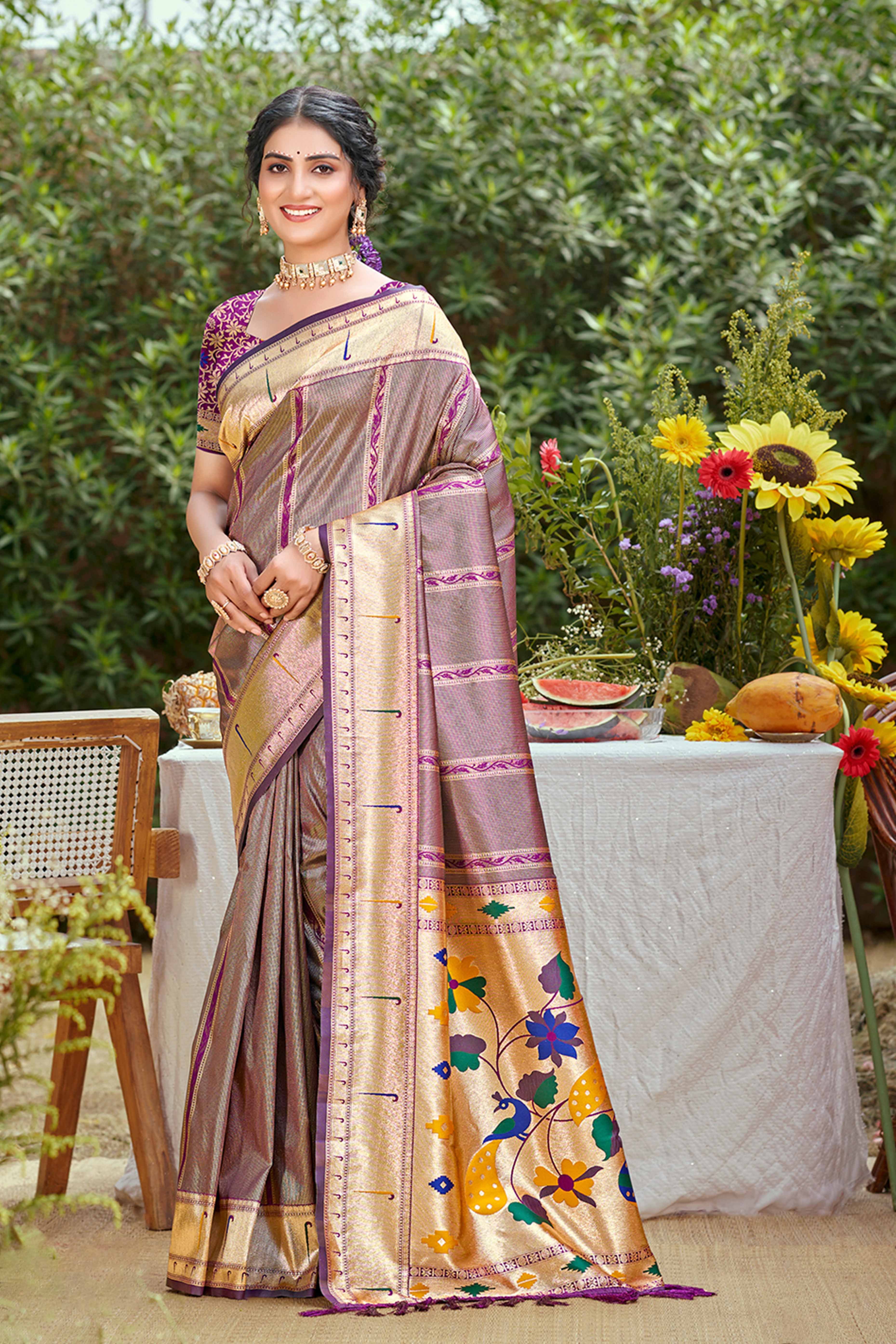 Dark Purple Designer Weaving Silk Blend Saree Accented With Graceful Peacock & Floral Motif Pallu