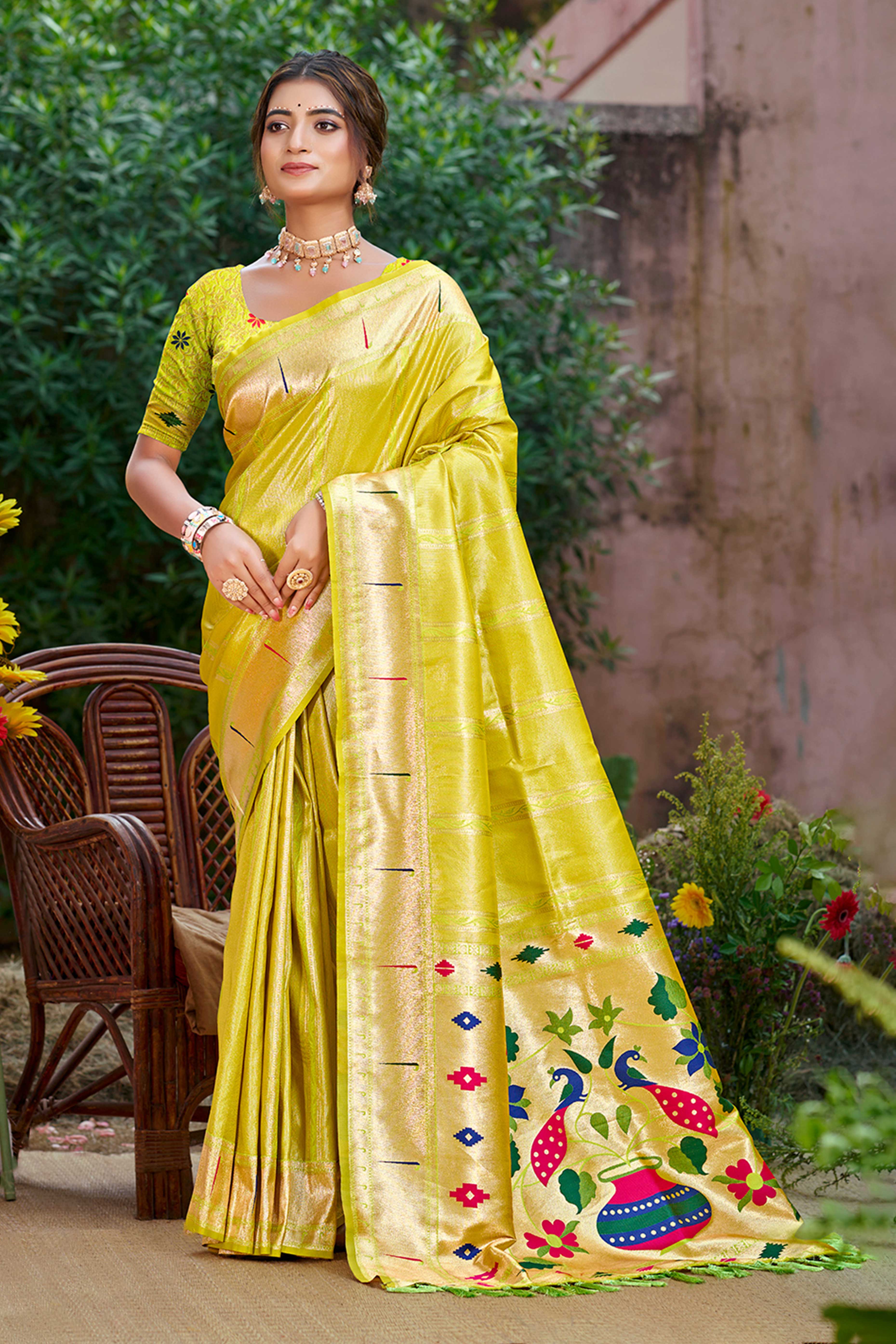 Lemon Green Designer Weaving Silk Blend Saree Accented With Graceful Peacock & Floral Motif Pallu