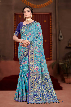 Elegant Blue Cotton Silk Saree Adorned With Floral Weaving & Graceful Tassel Pallu