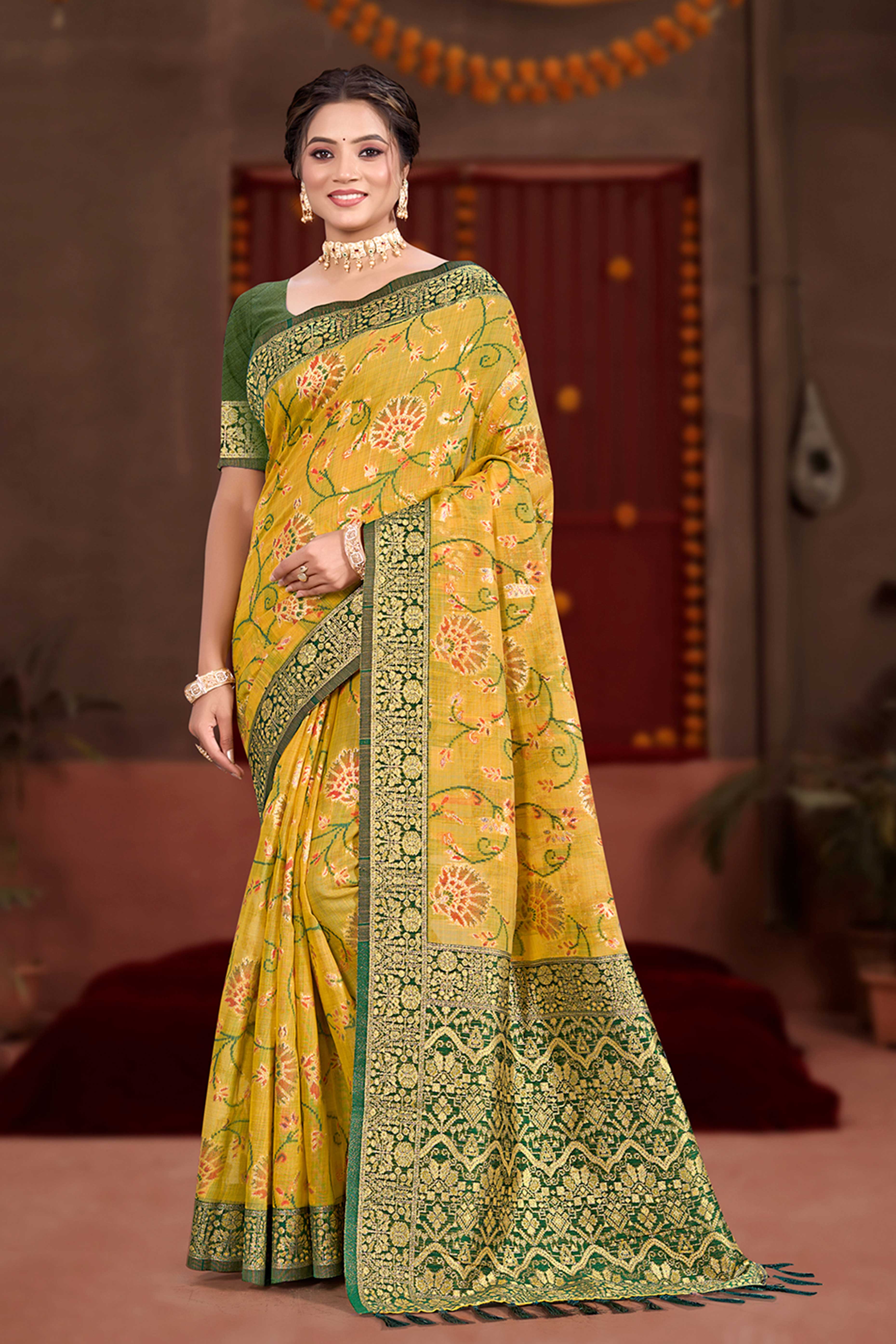 Elegant Mustard Cotton Silk Saree Adorned With Floral Weaving & Graceful Tassel Pallu