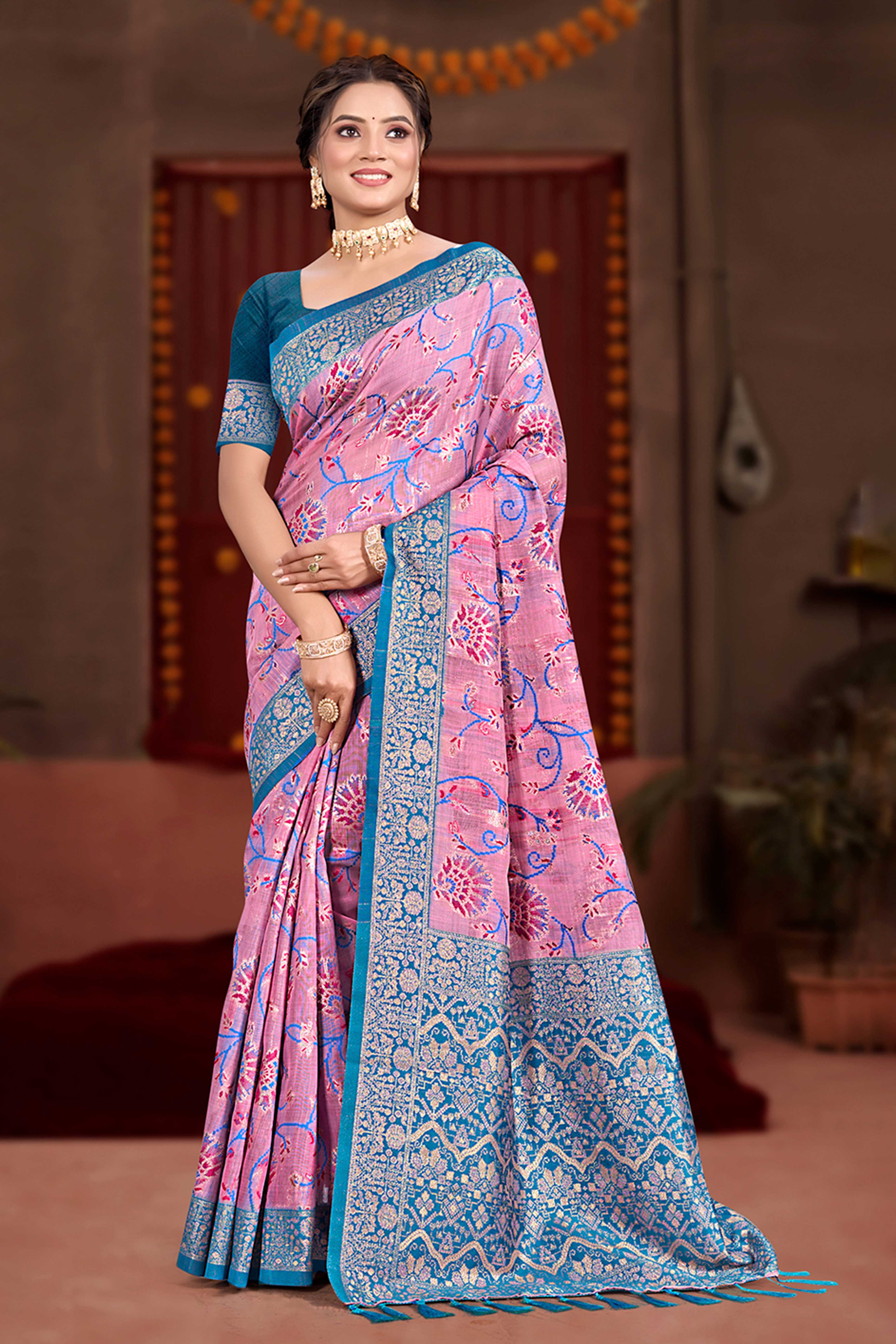 Elegant Pink Cotton Silk Saree Adorned With Floral Weaving & Graceful Tassel Pallu