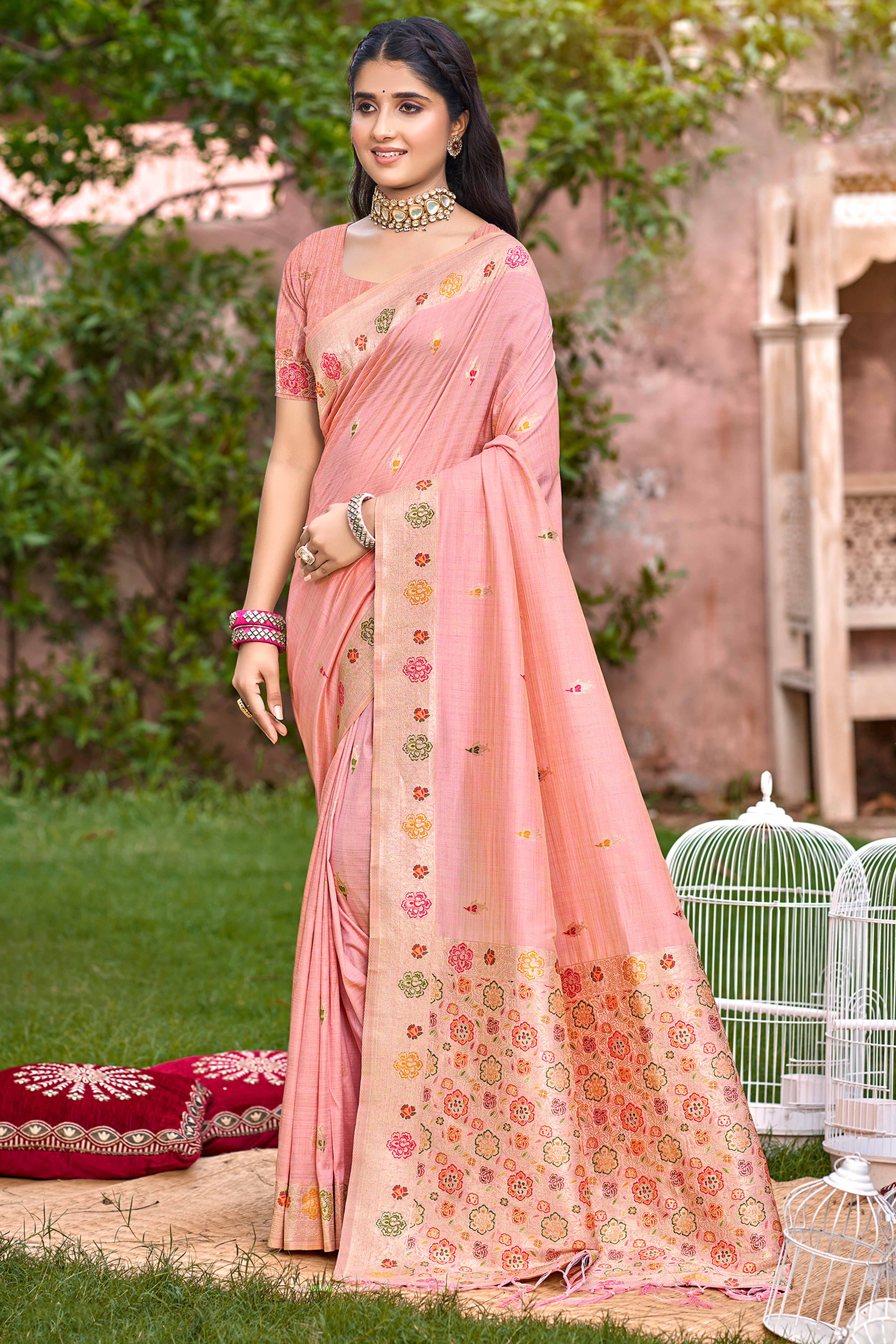 Pink Assam Silk Blend  Saree Featuring Intricate Floral Zari Weave & Tassel Pallu