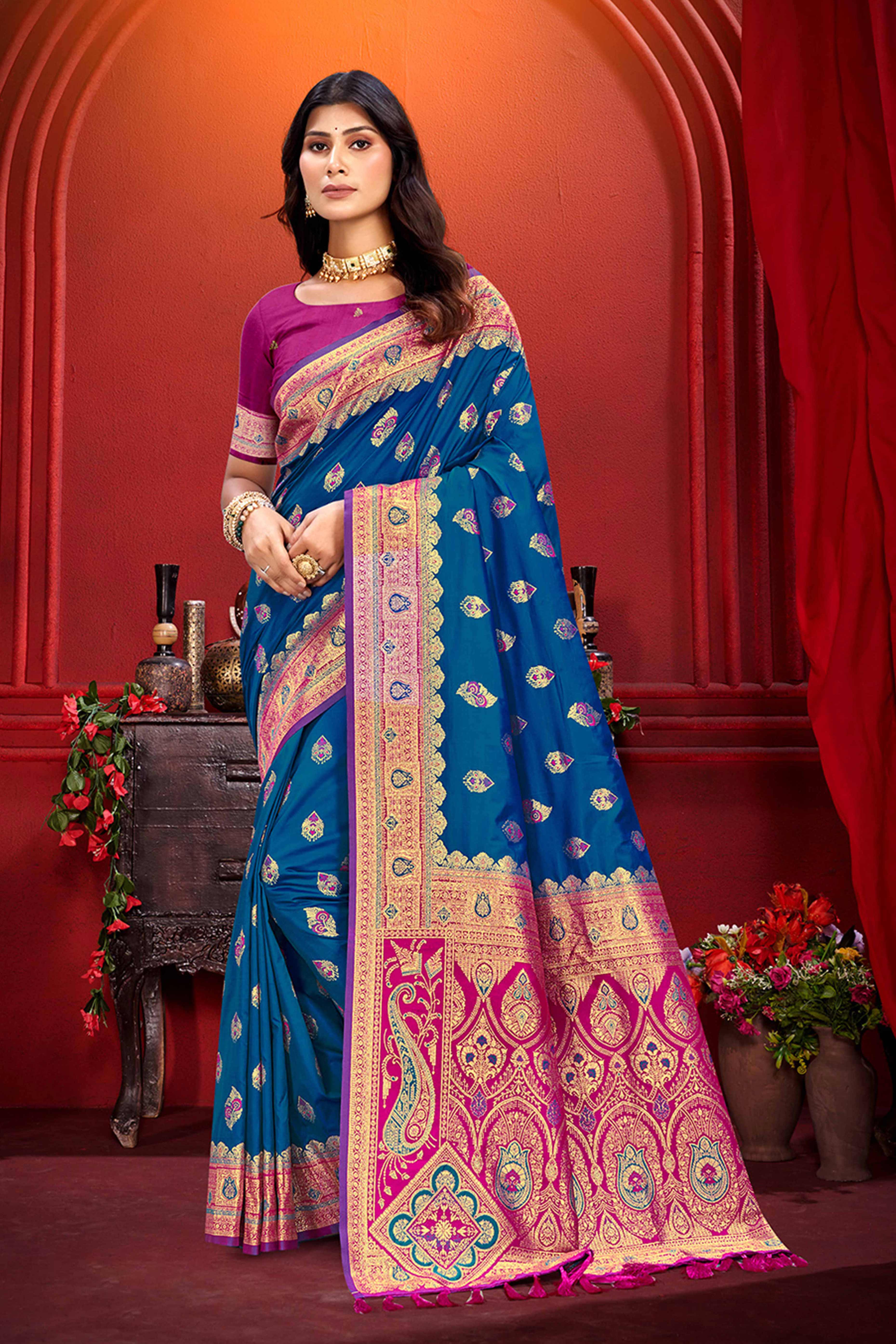 Designer Blue Floral Zari Weaving Silk Blend Saree With Stylish Tassel Pallu