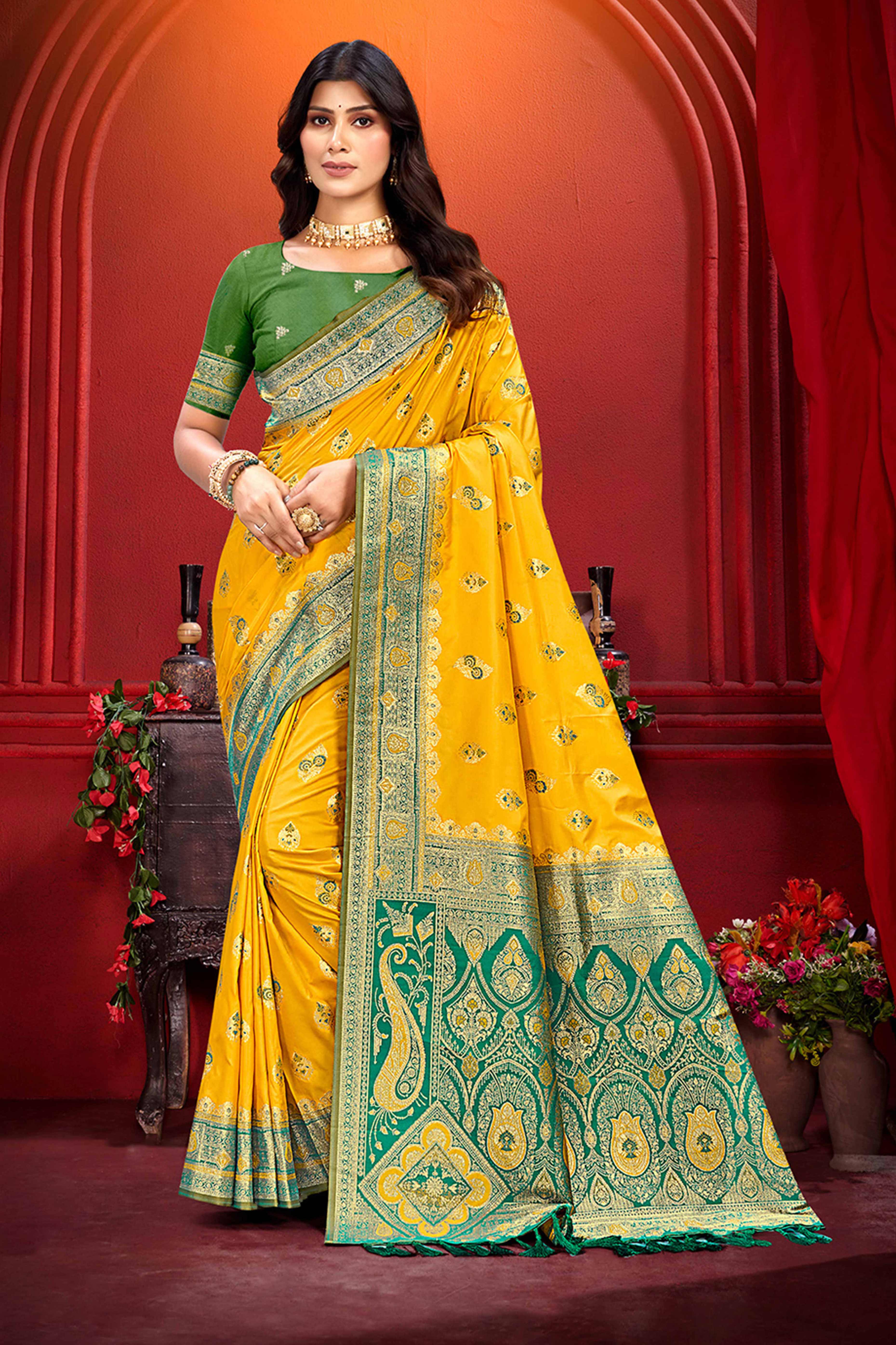 Designer Yellow Floral Zari Weaving Silk Blend Saree With Stylish Tassel Pallu
