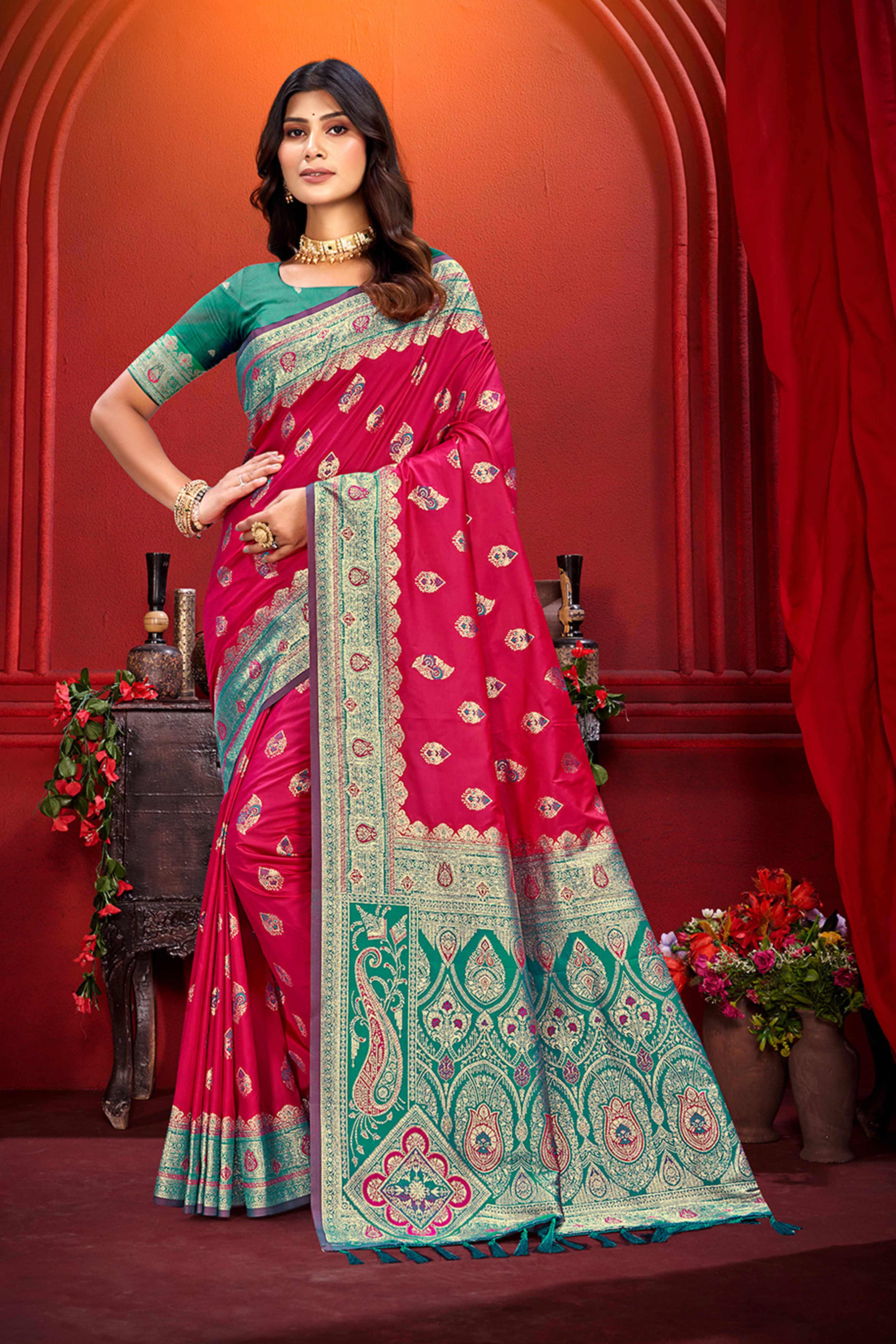 Designer Pink Floral Zari Weaving Silk Blend Saree With Stylish Tassel Pallu