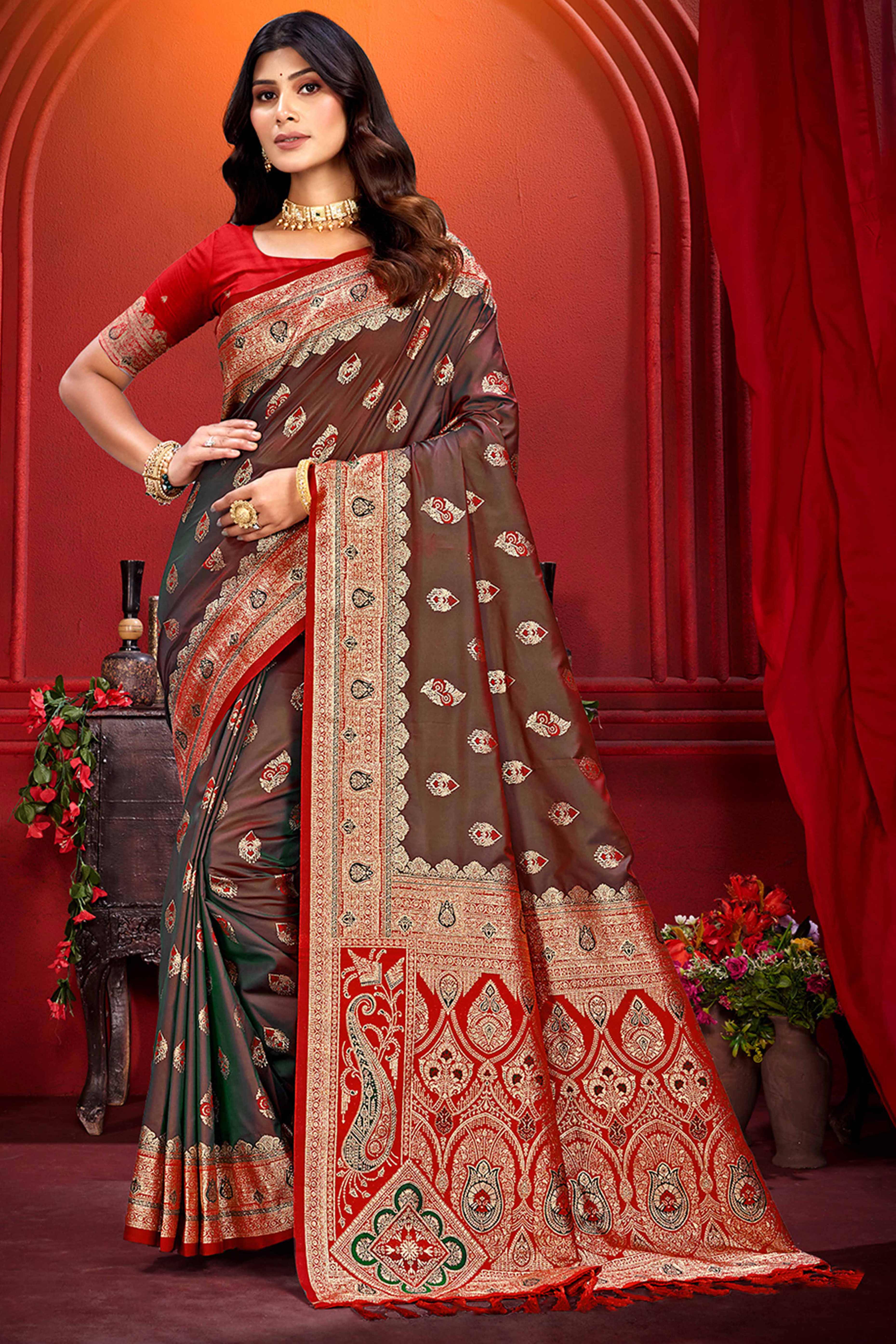 Designer Brown Floral Zari Weaving Silk Blend Saree With Stylish Tassel Pallu