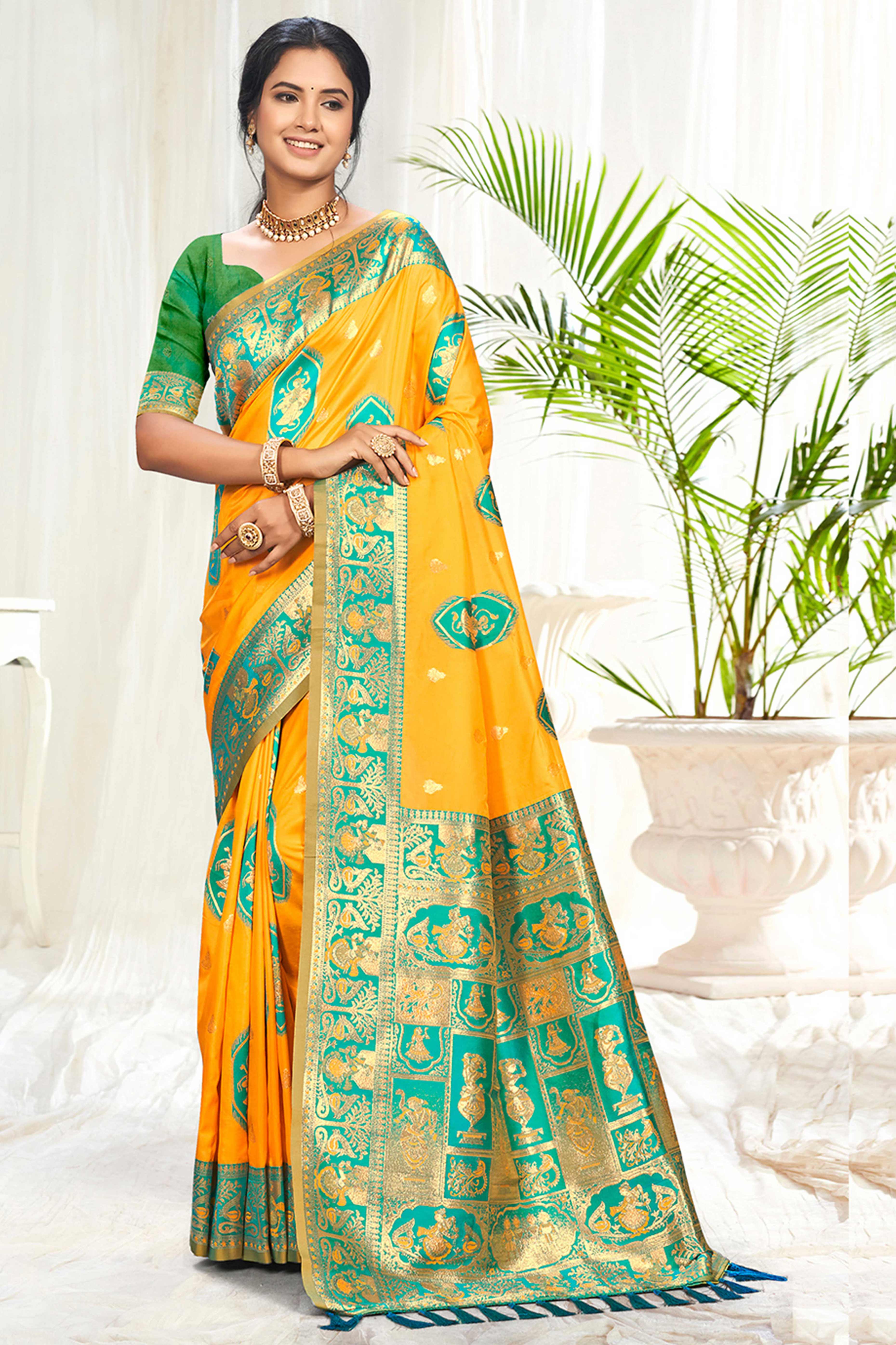 Mesmerizing Mustard Traditional style Weaving Silk Blend Saree With Graceful Tassel Pallu