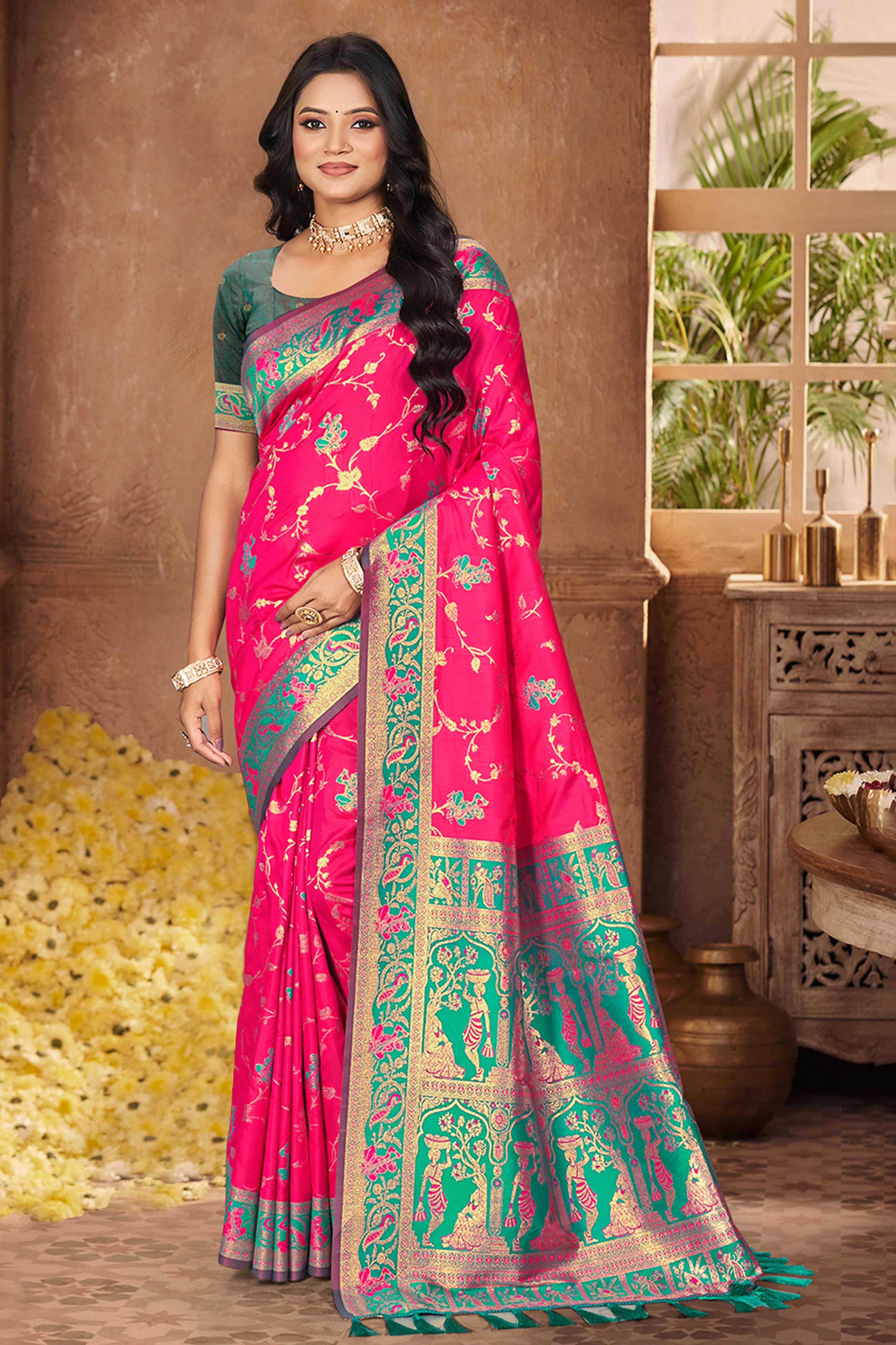 Radiant Pink Floral Zari Weaving Silk Blend Saree With Tassel Pallu