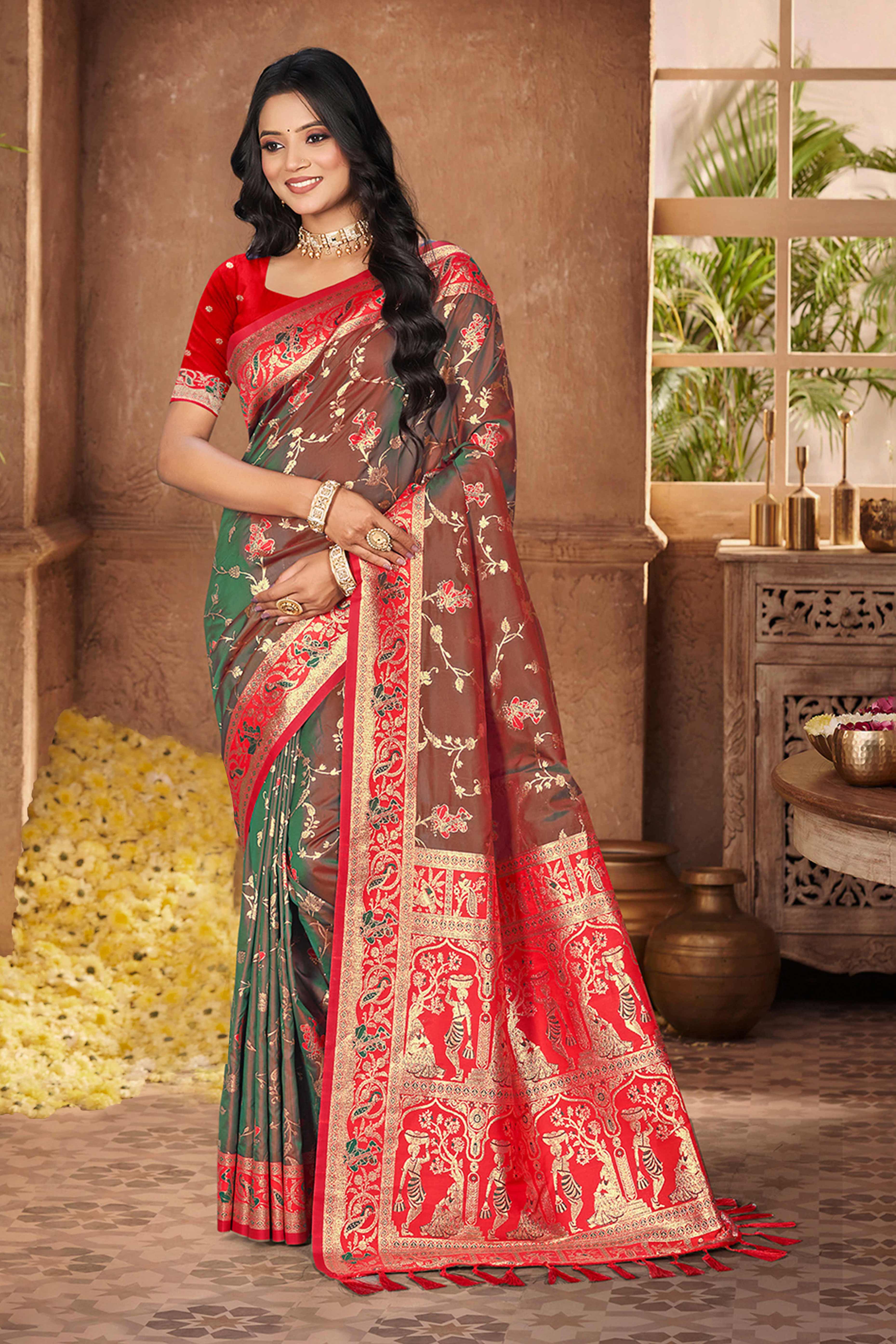 Radiant Brown Floral Zari Weaving Silk Blend Saree With Tassel Pallu