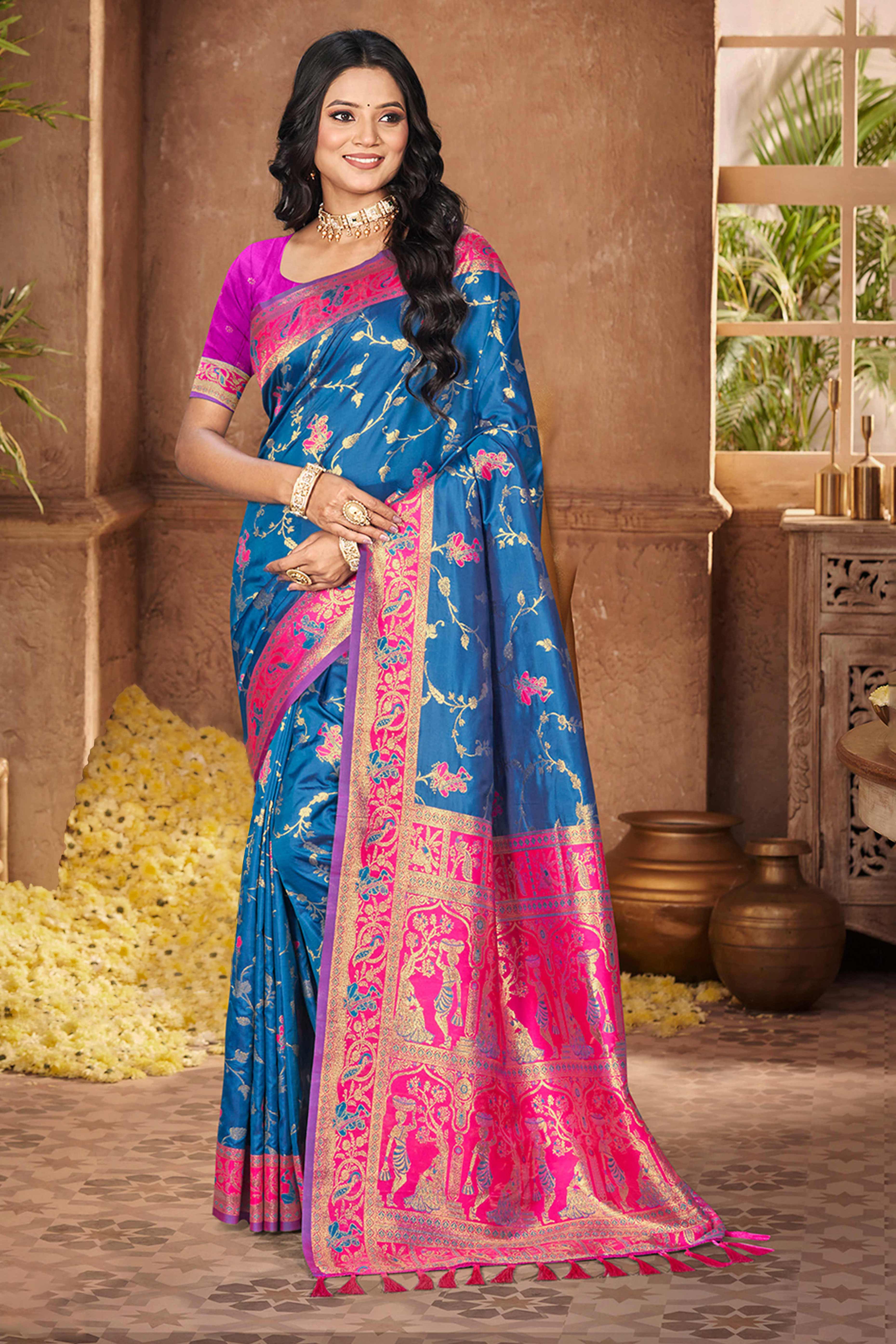 Radiant Blue Floral Zari Weaving Silk Blend Saree With Tassel Pallu