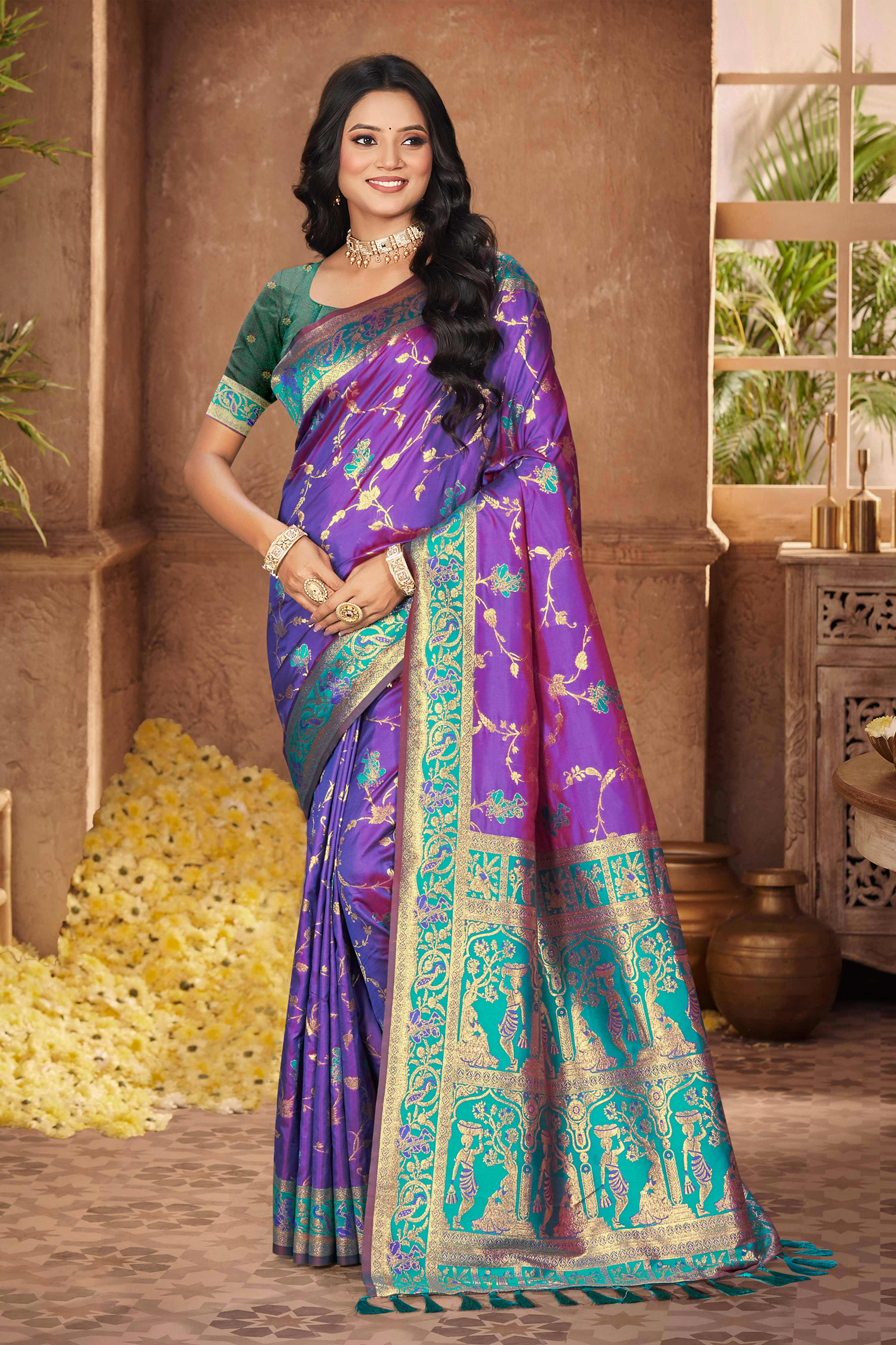 Radiant Purple Floral Zari Weaving Silk Blend Saree With Tassel Pallu