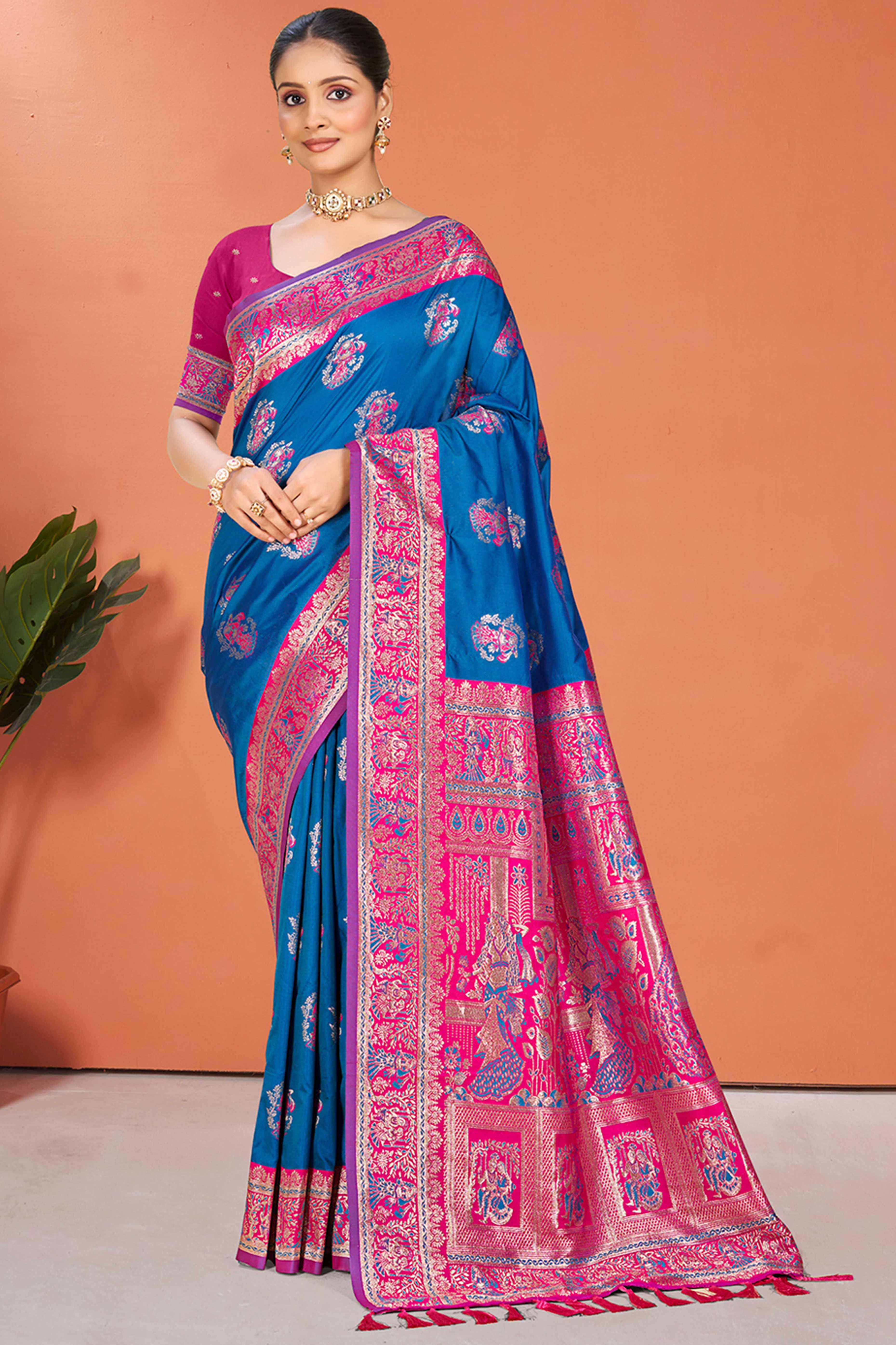 Blue Traditional Zari Weaving Silk Blend Saree Accented With Tassel Pallu