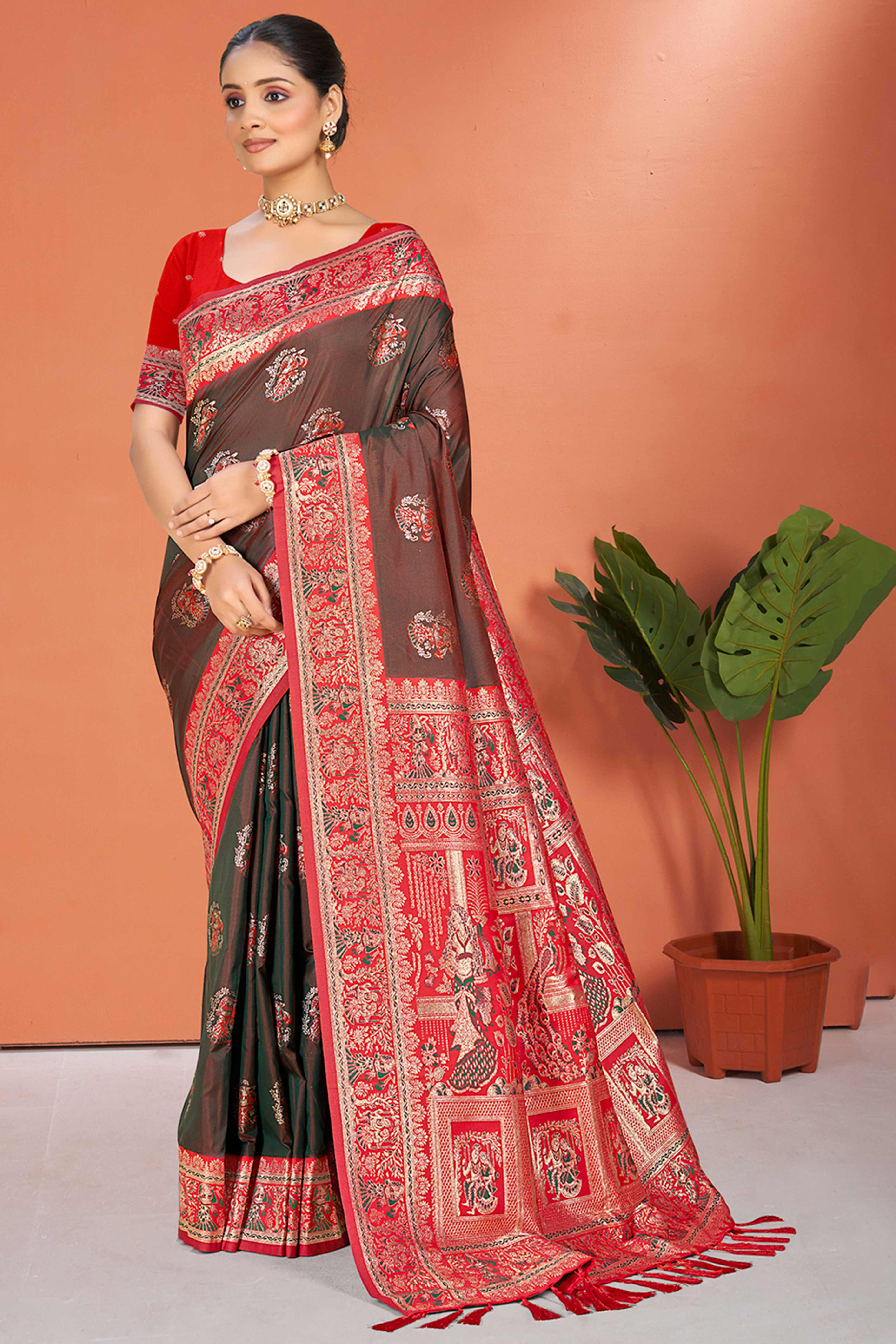 Brown Traditional Zari Weaving Silk Blend Saree Accented With Tassel Pallu