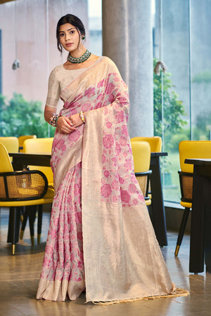 Pink Premium Cotton Silk Saree Highlighted With Floral Weaving Work & Tassel Pallu