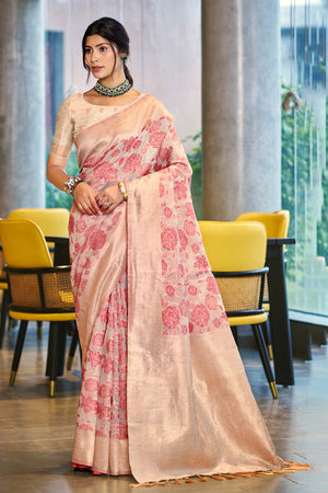 Pastel Pink Premium Cotton Silk Saree Highlighted With Floral Weaving Work & Tassel Pallu