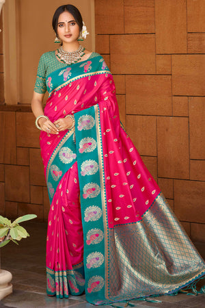 Stunning Rani Pink Floral Weaving Silk Blend Saree With Birds Design Border & Tassel Pallu