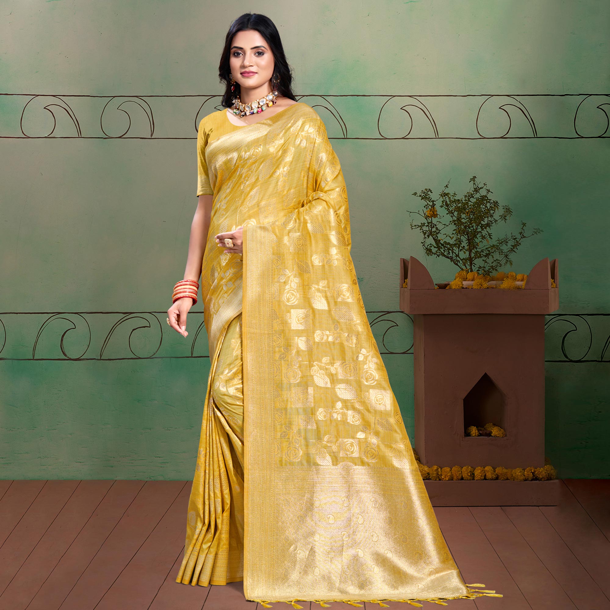 Yellow Floral Woven Cotton Silk Saree With Tassels
