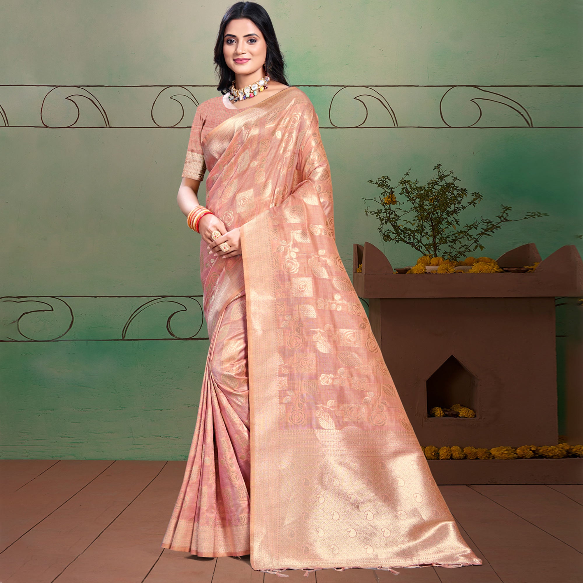 Pink Floral Woven Cotton Silk Saree With Tassels