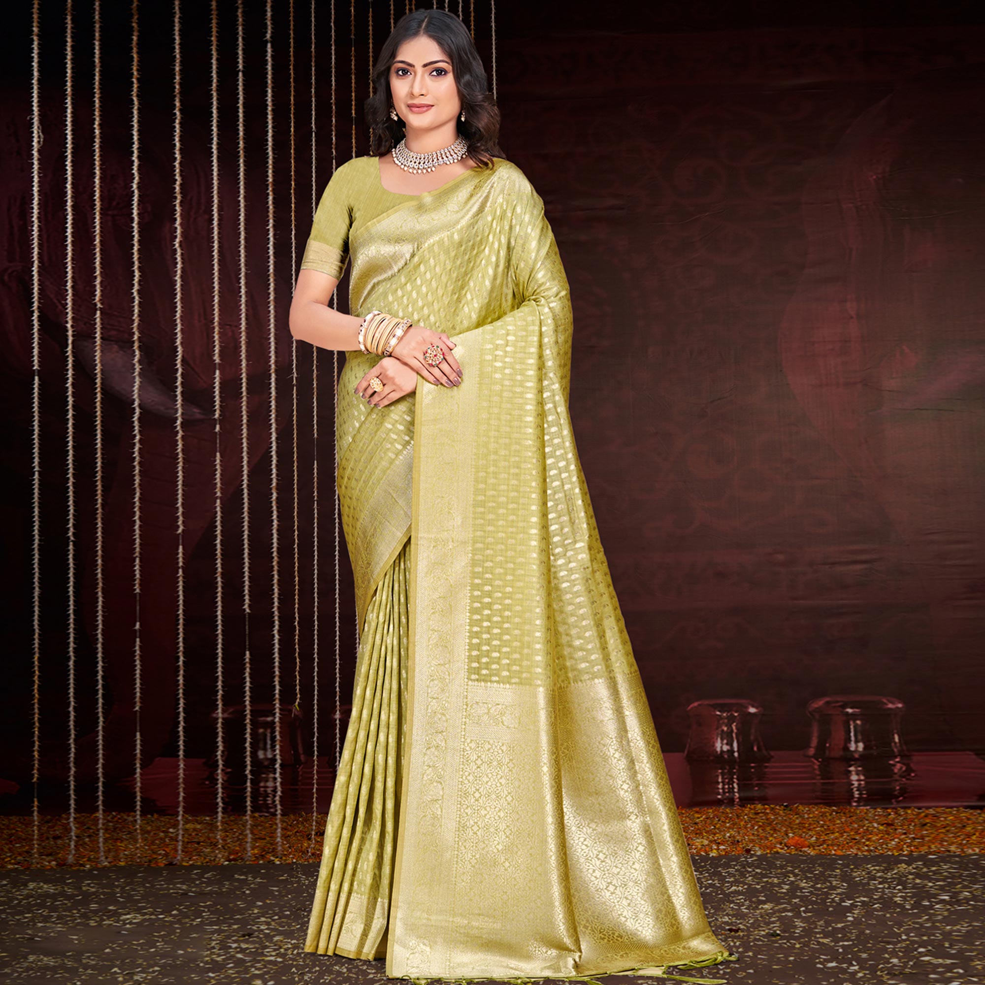 Olive Floral Woven Cotton Silk Saree With Tassels