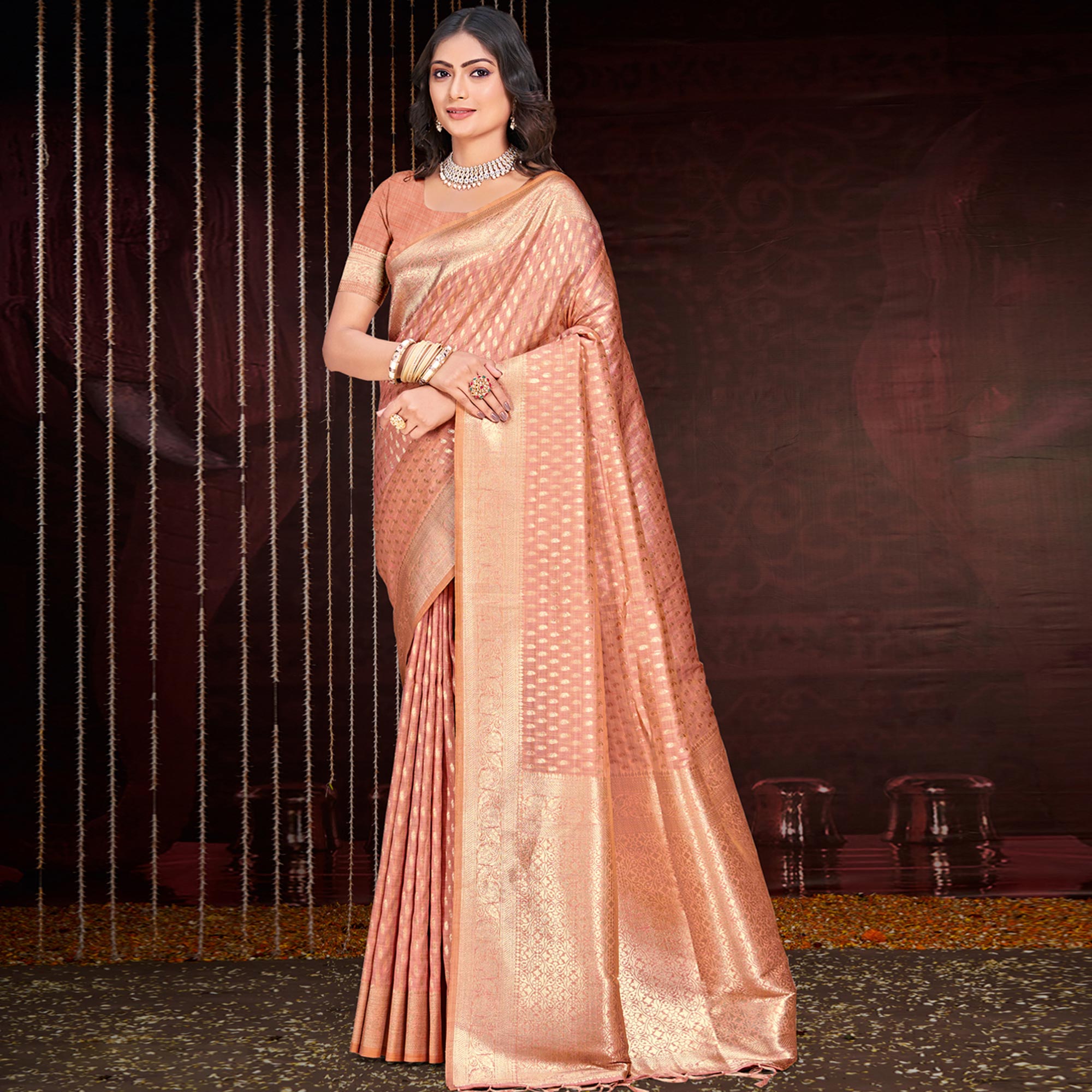 Peach Floral Woven Cotton Silk Saree With Tassels