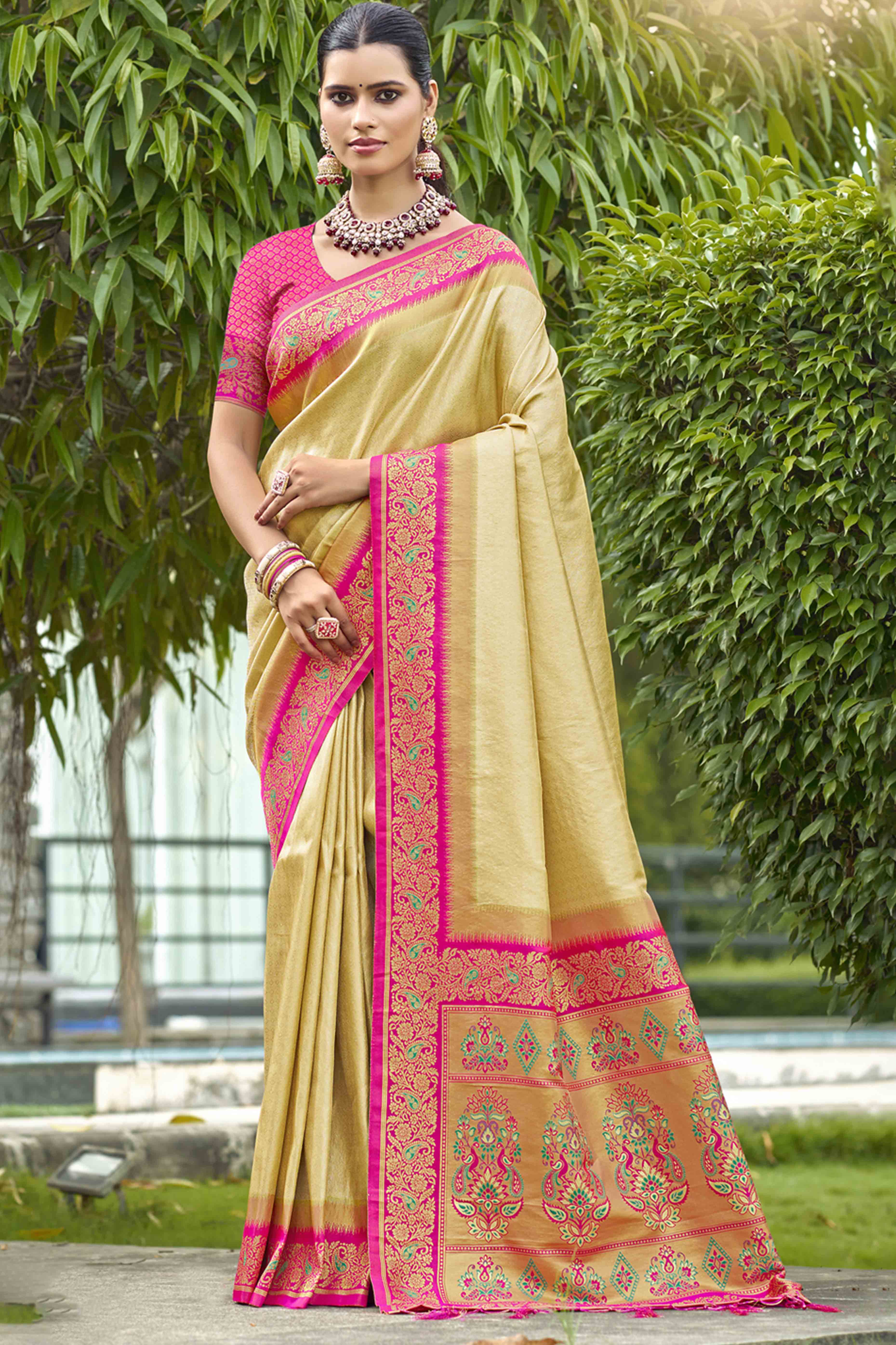 Gold Zari Weaving Organza Saree