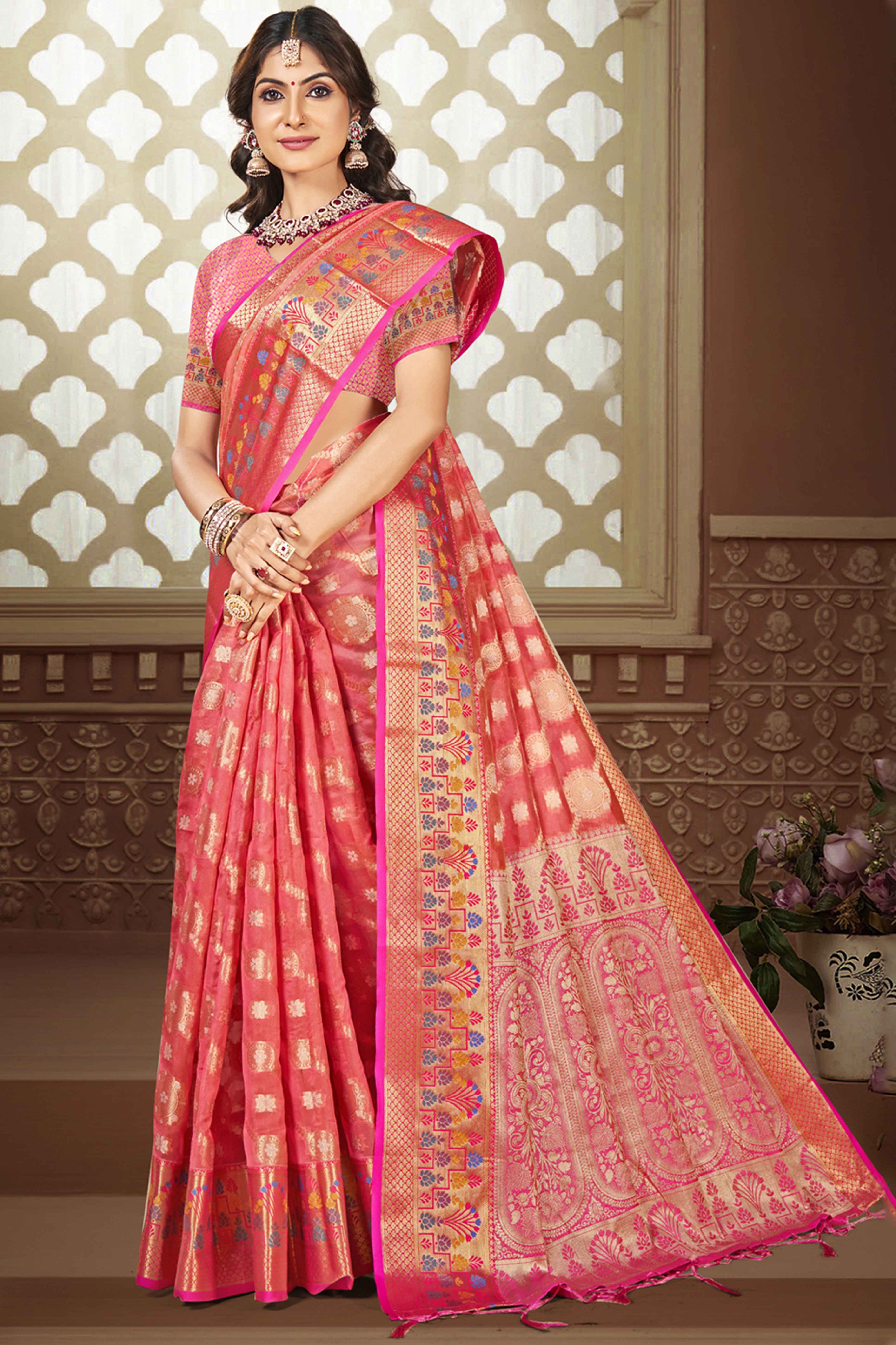 Pink Floral Woven Banarasi Silk Saree With Tassels