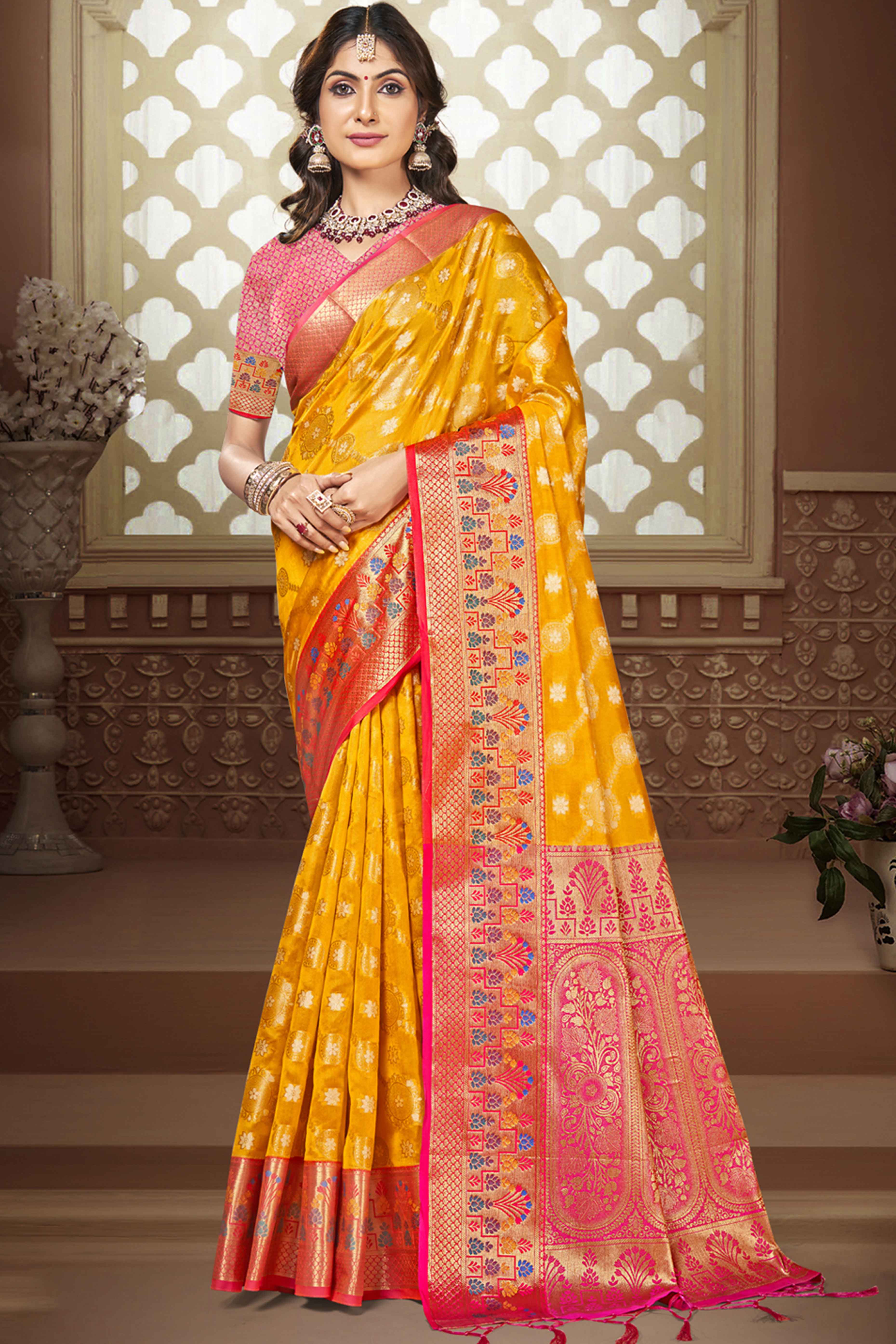 Yellow Floral Woven Banarasi Silk Saree With Tassels