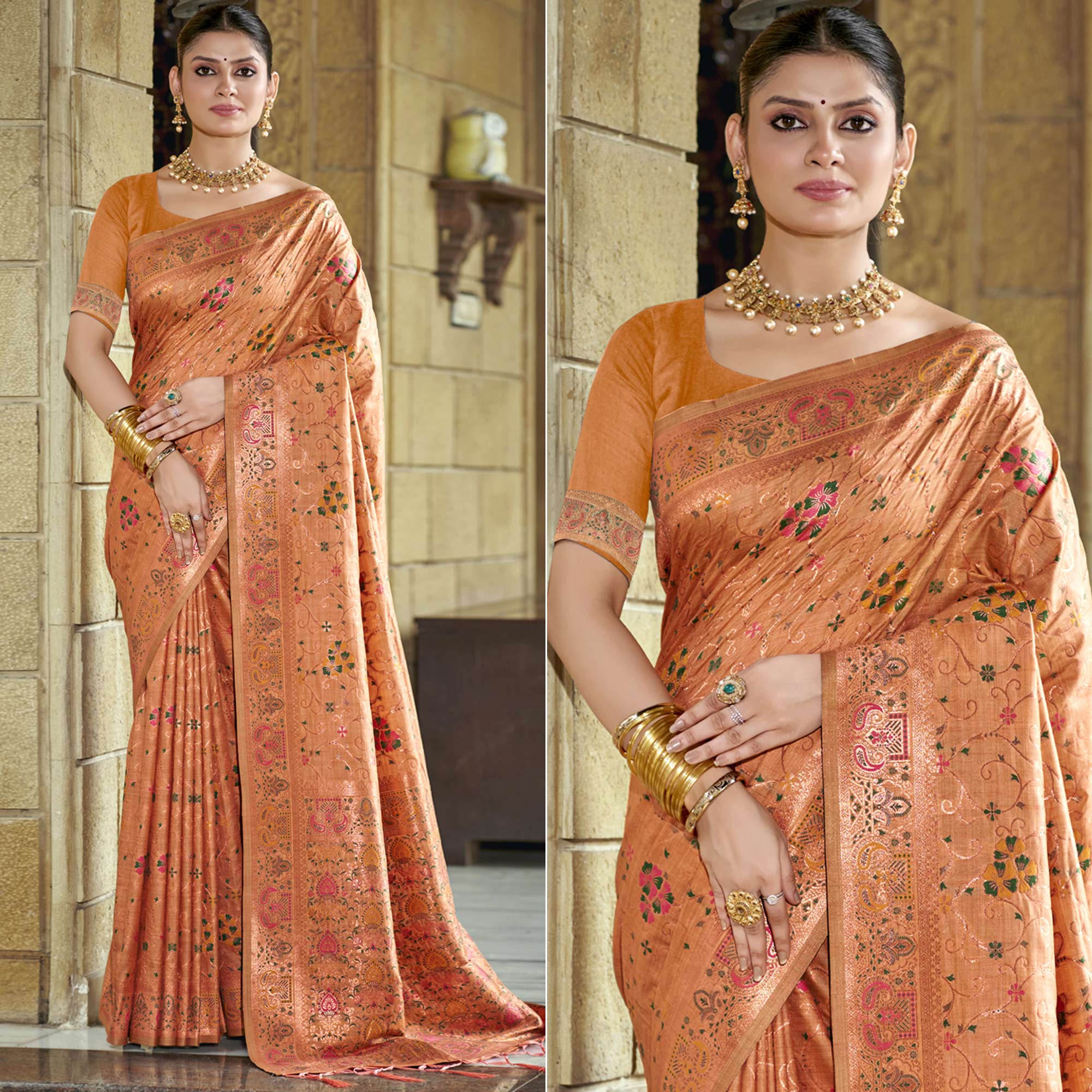 Peach Floral Zari Woven Cotton Silk Saree