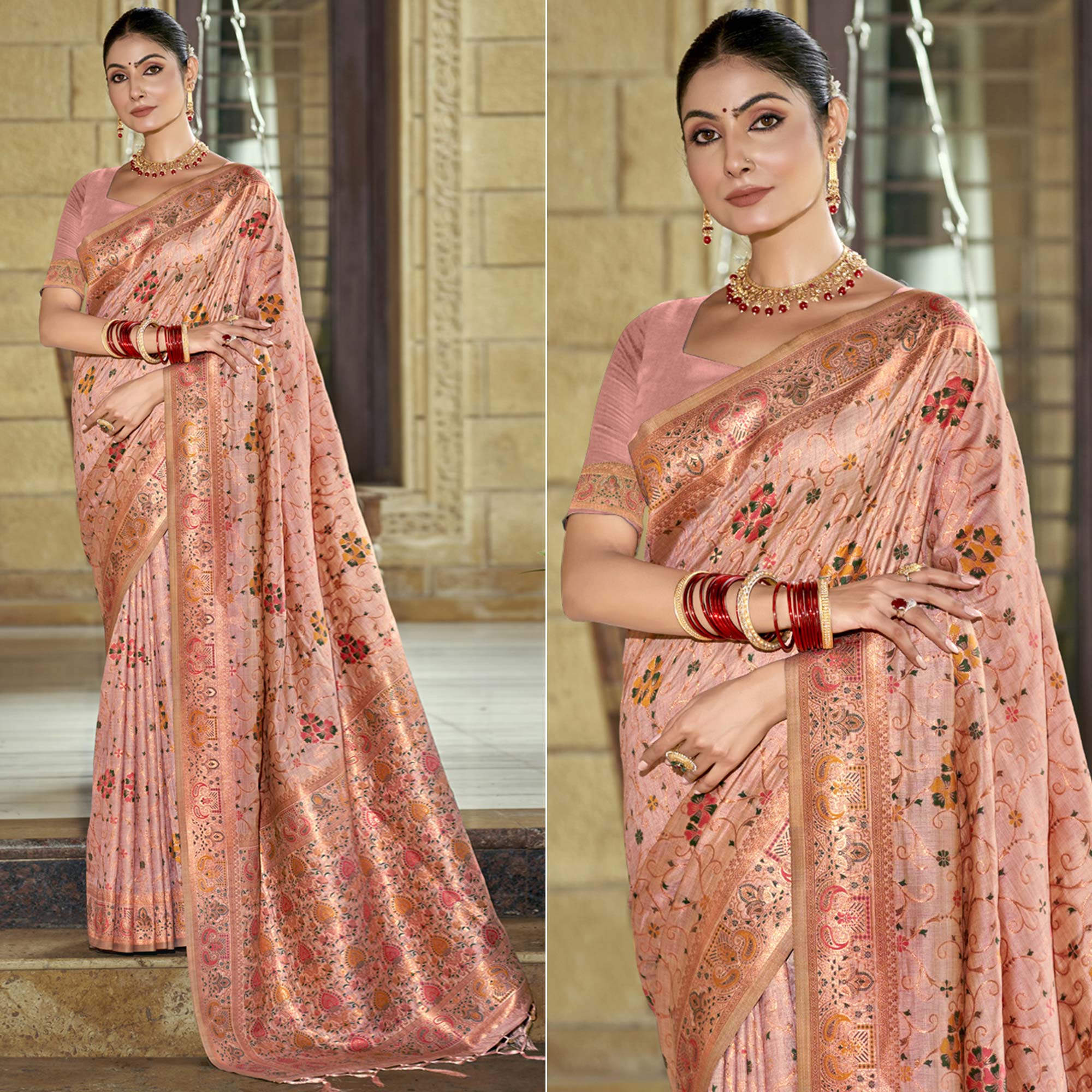 Light Pink Floral Zari Woven Cotton Silk Saree