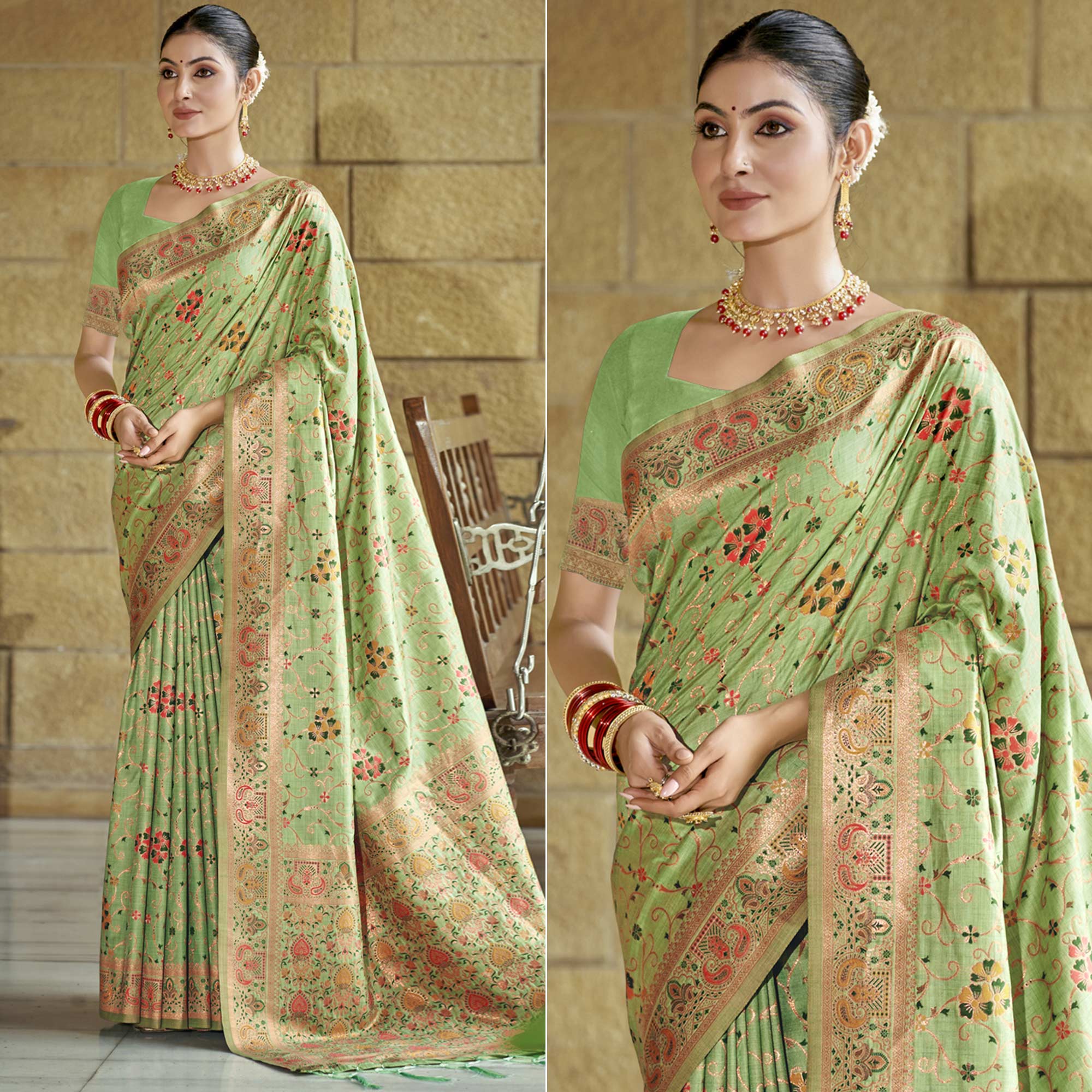 Green Floral Zari Woven Cotton Silk Saree