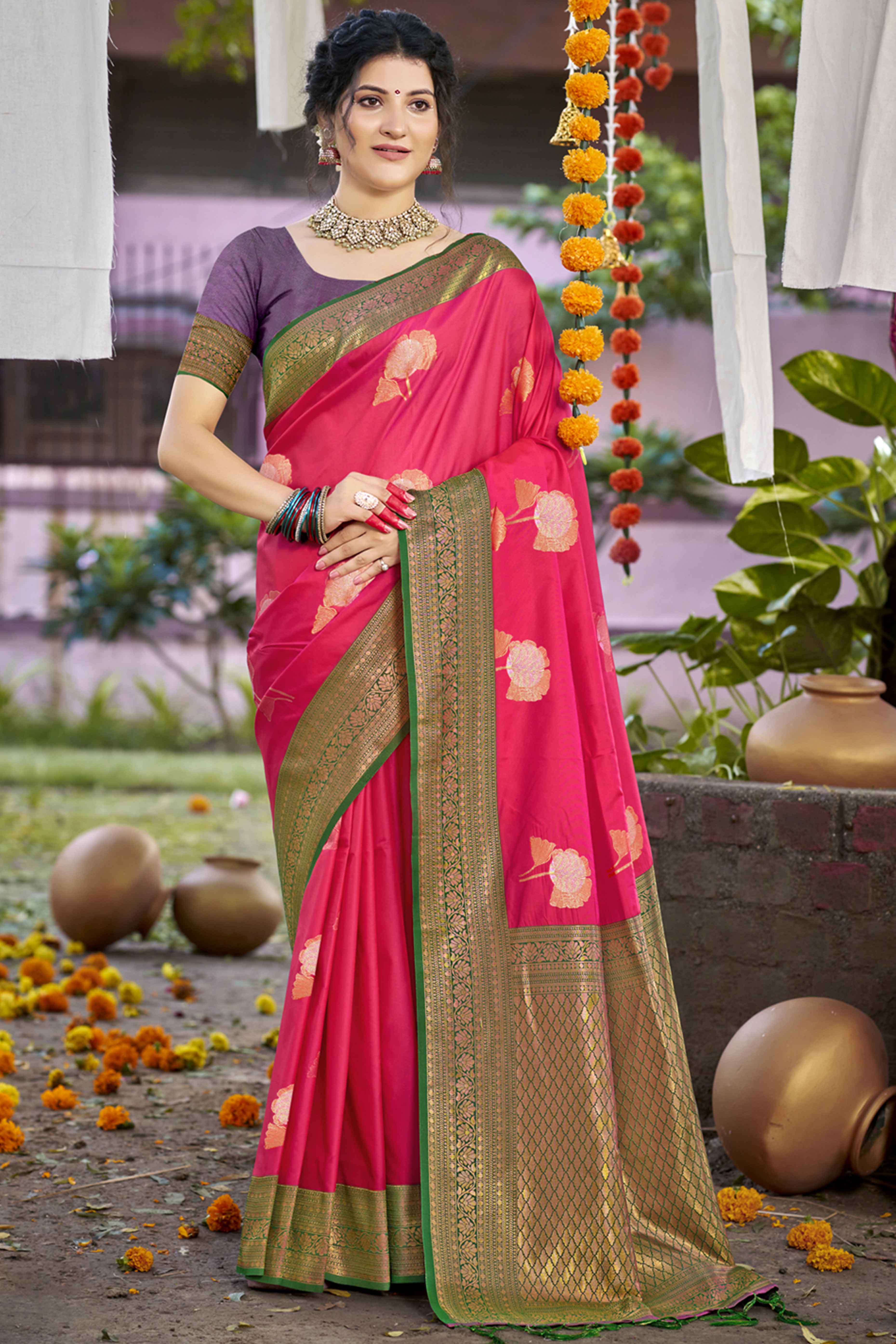 Rani Pink Floral Woven Banarasi Silk Saree With Tassels