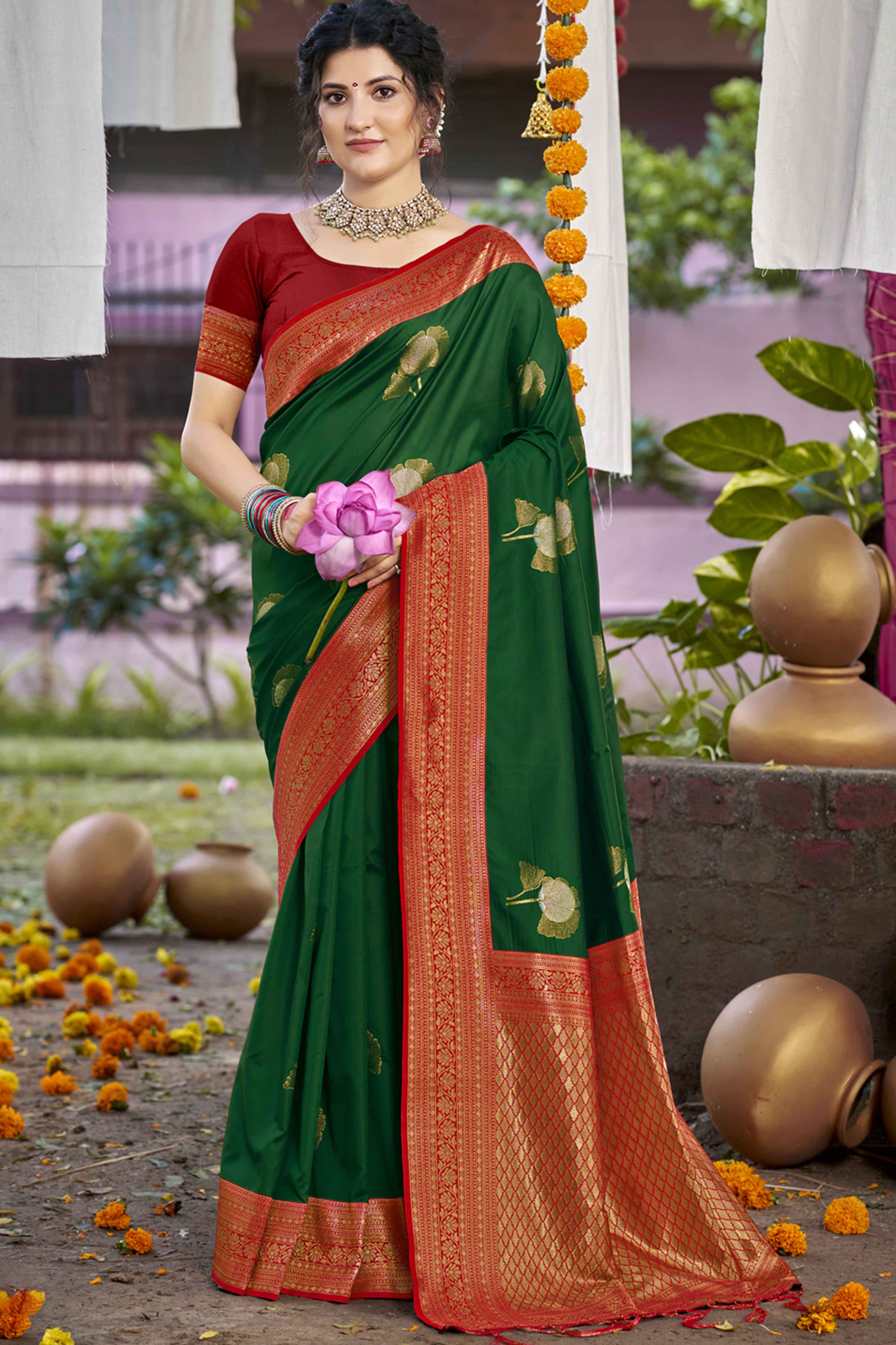 Green Floral Woven Banarasi Silk Saree With Tassels