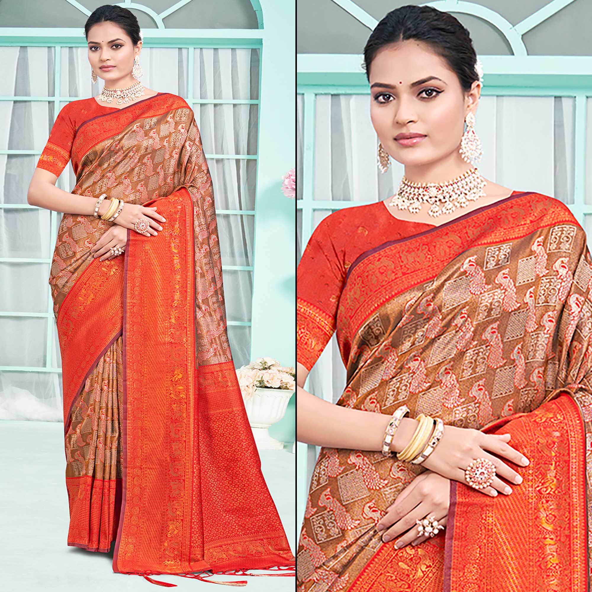 Brown & Red Woven Cotton Silk Saree With Tassels