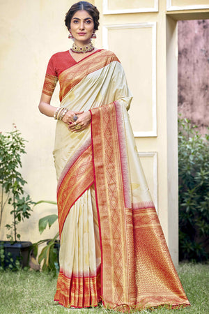 Cream Woven Banarasi Silk Saree With Tassels