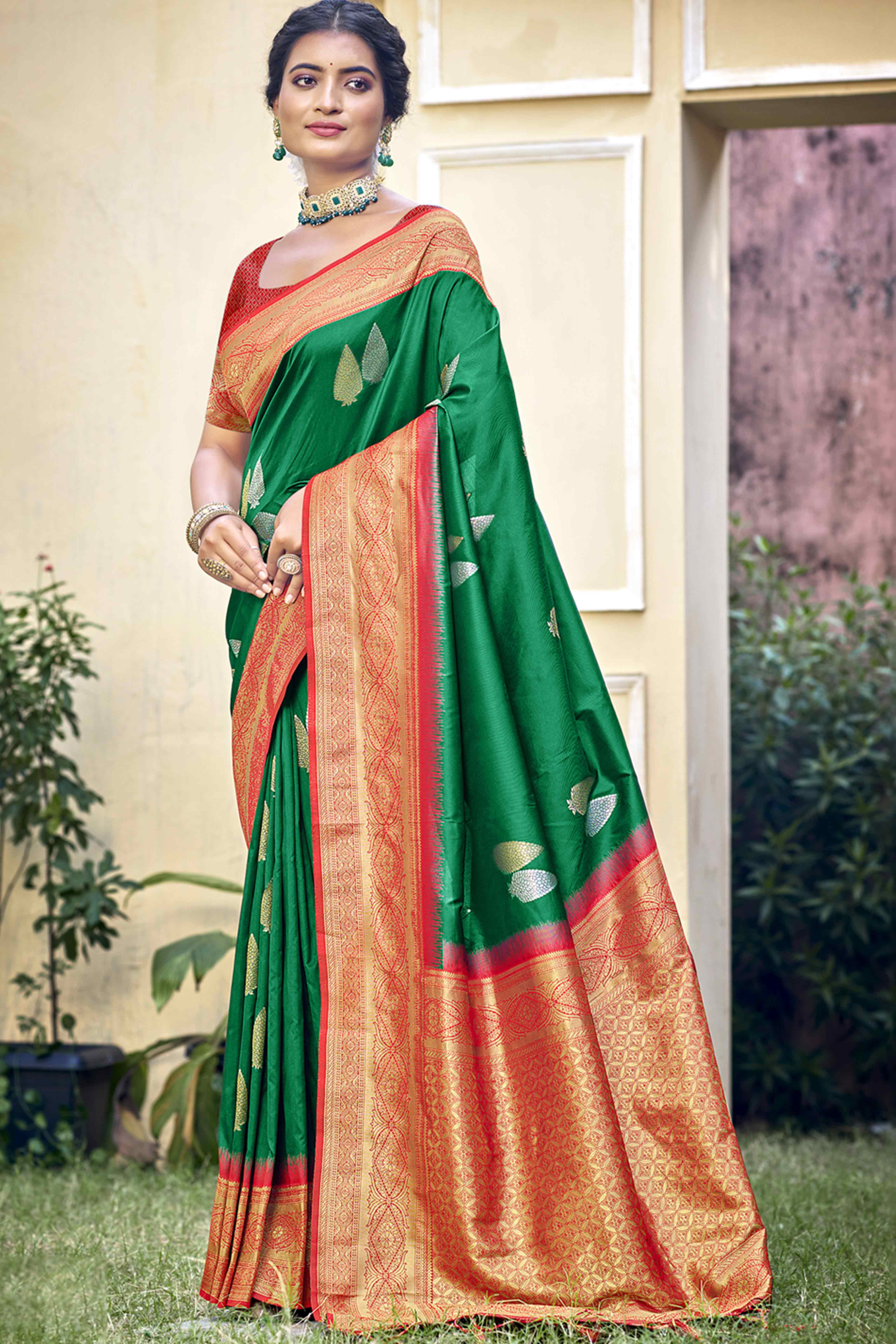 Green Woven Banarasi Silk Saree With Tassels