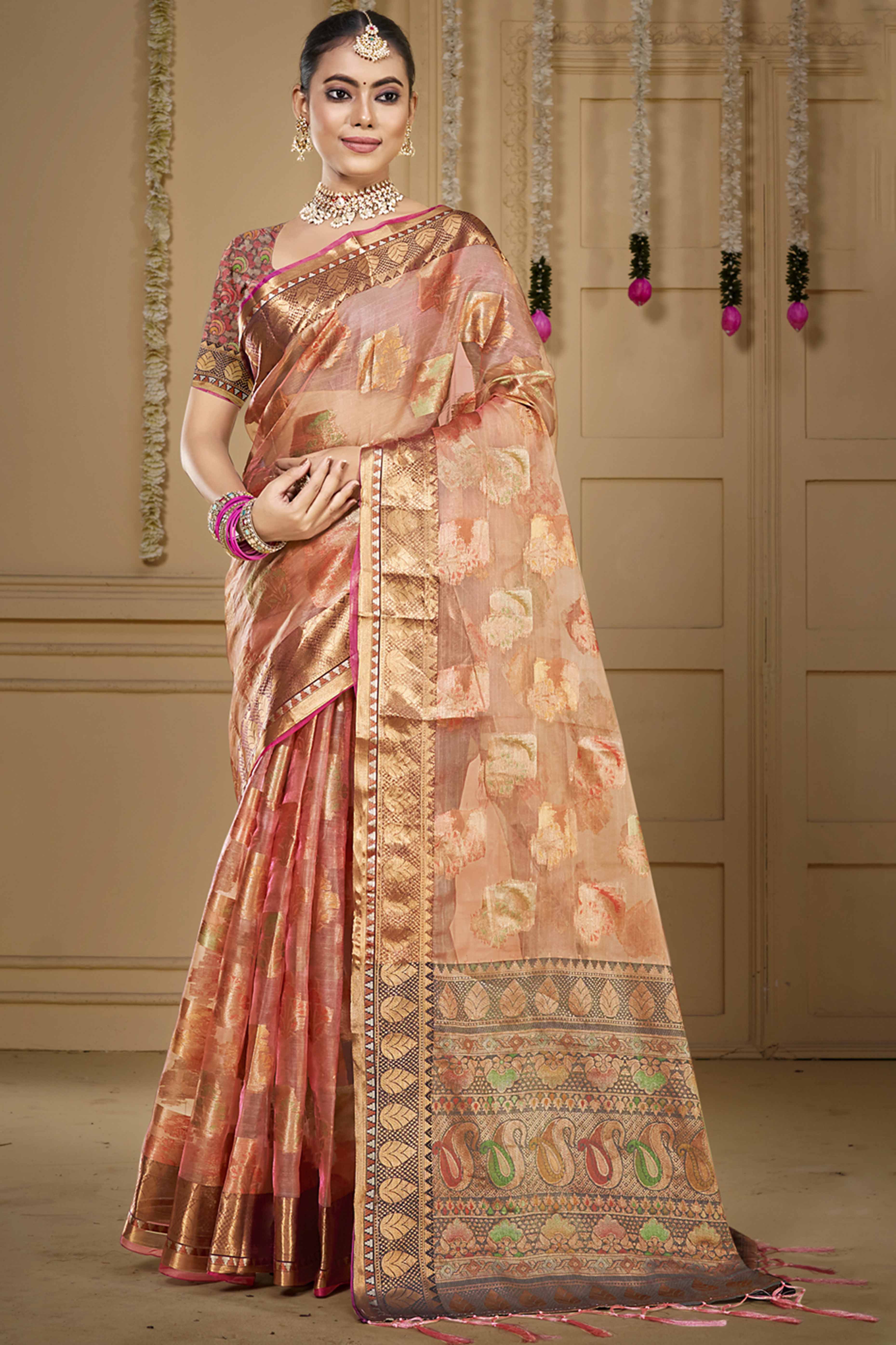 Peach Floral Woven Organza Saree With Tassels