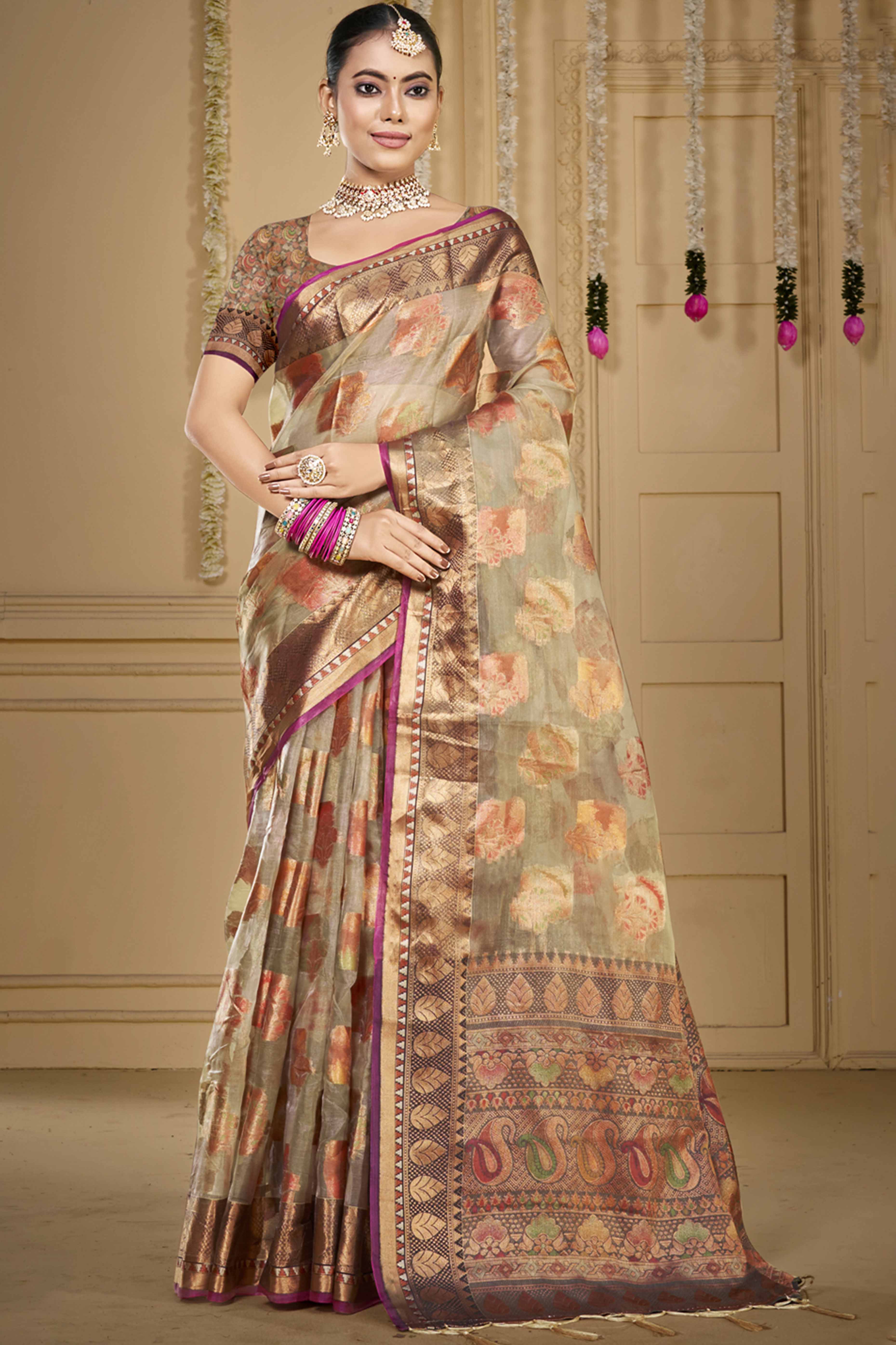 Grey Floral Woven Organza Saree With Tassels