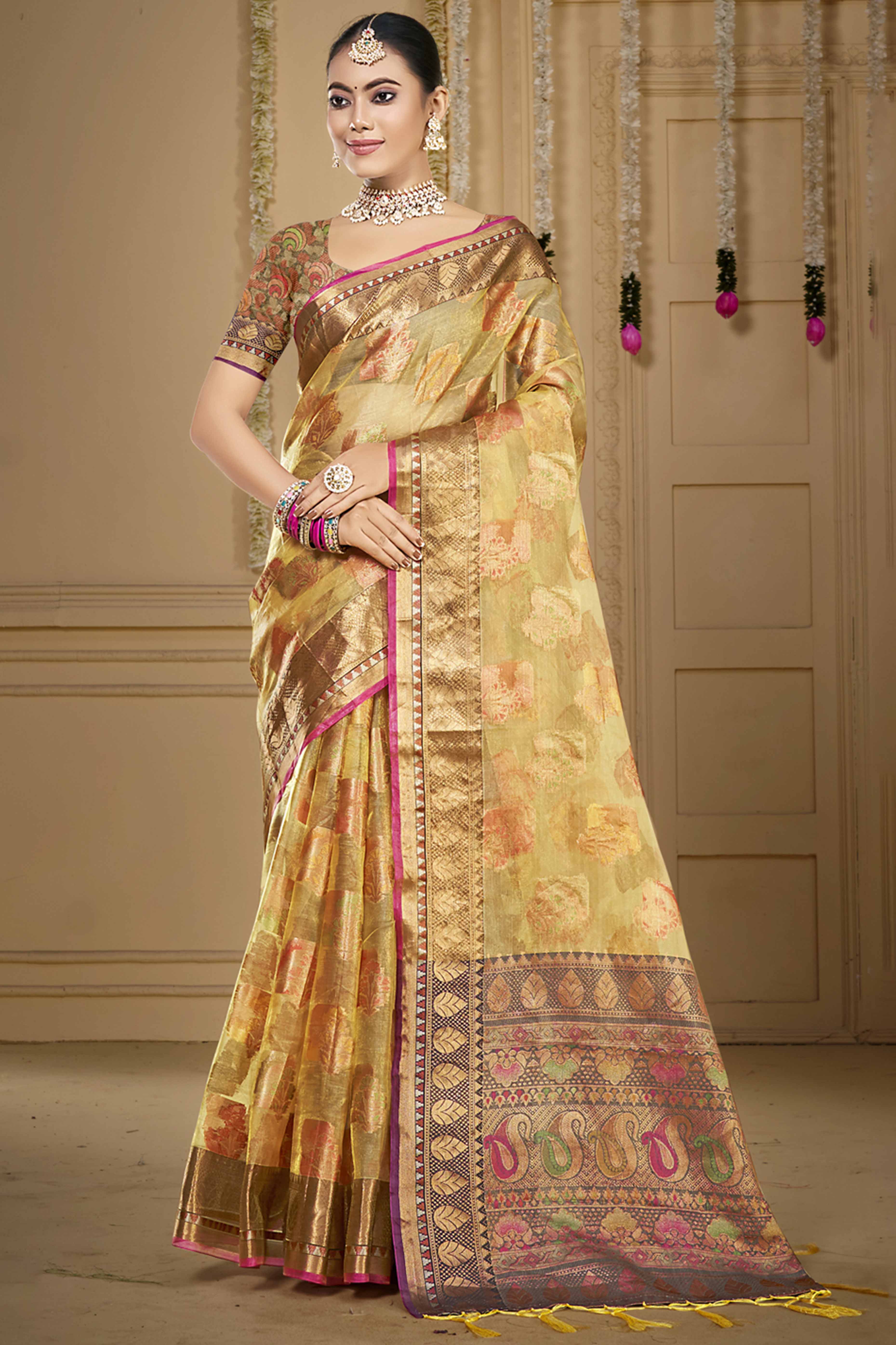 Yellow Floral Woven Organza Saree With Tassels