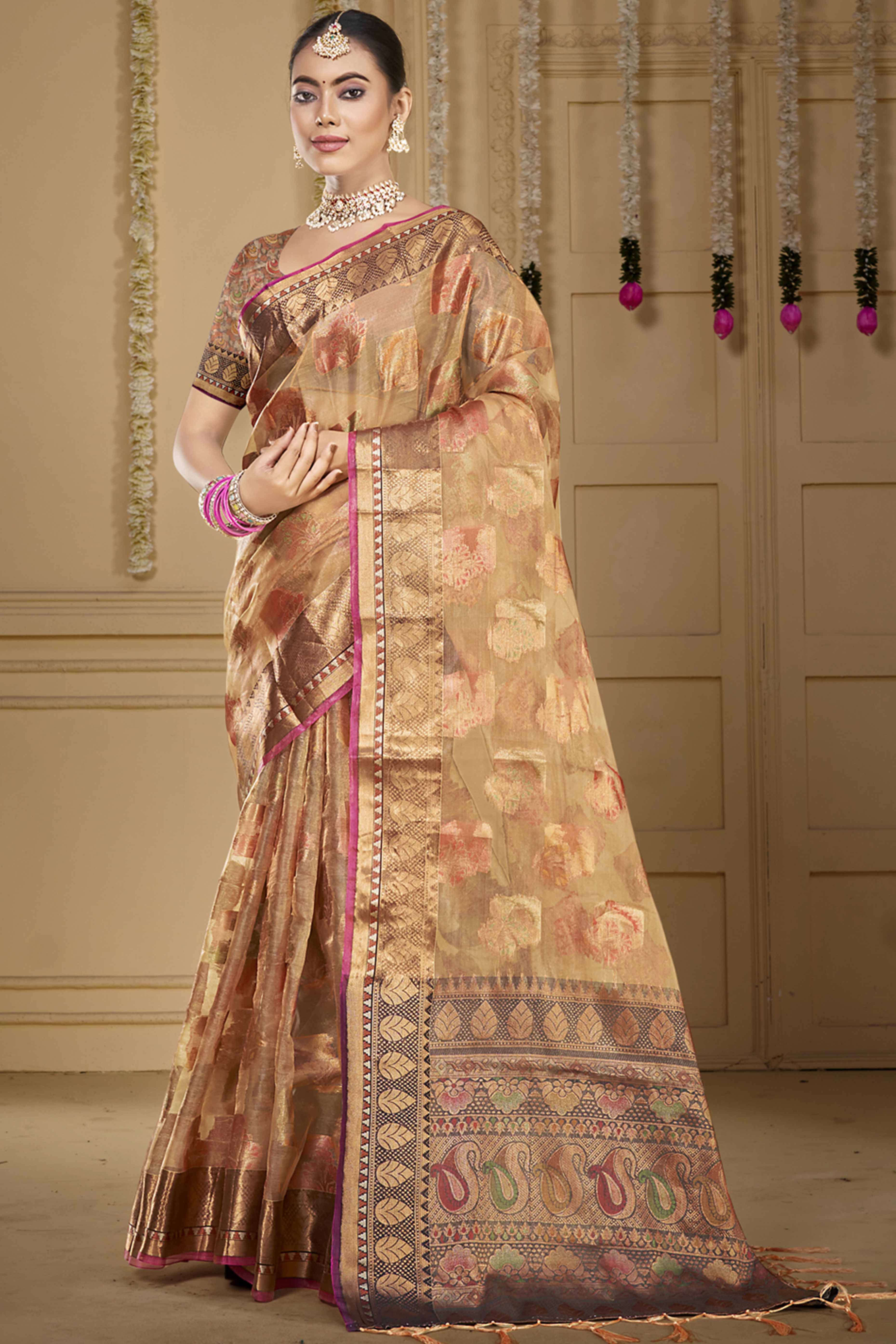 Beige Floral Woven Organza Saree With Tassels