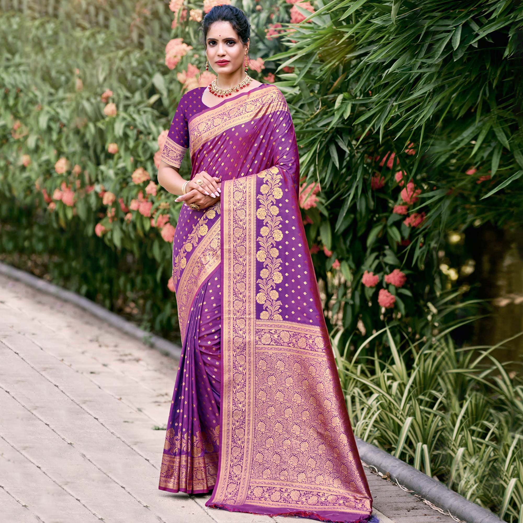 Purple Floral Woven Banarasi Silk Saree With Tassels