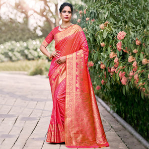 Pink Floral Woven Banarasi Silk Saree With Tassels