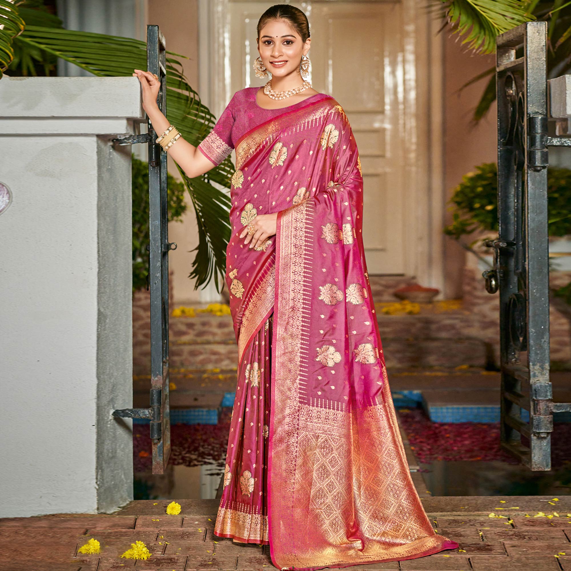 Pink Floral Woven Banarasi Silk Saree With Tassels