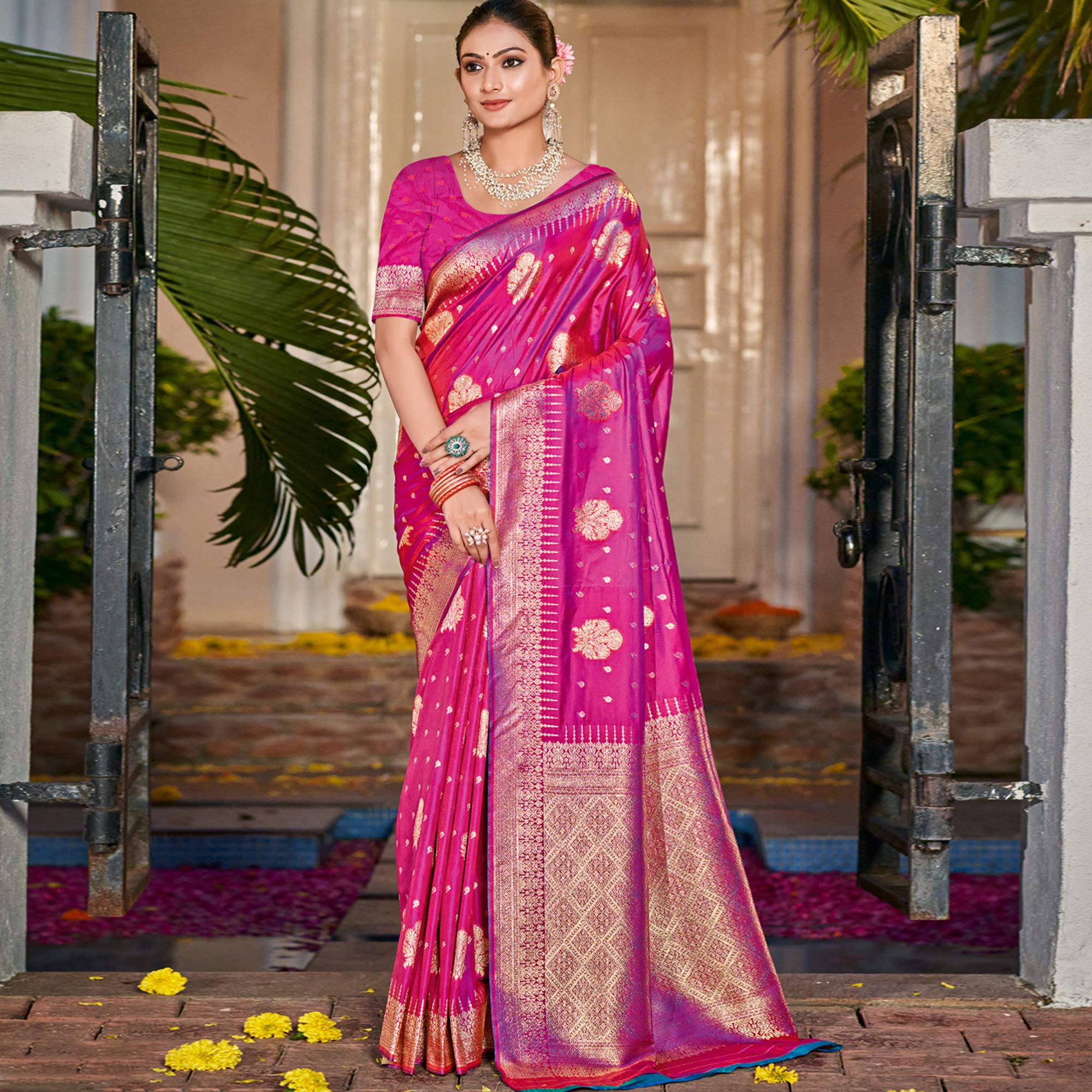 Rani Pink Floral Woven Banarasi Silk Saree With Tassels