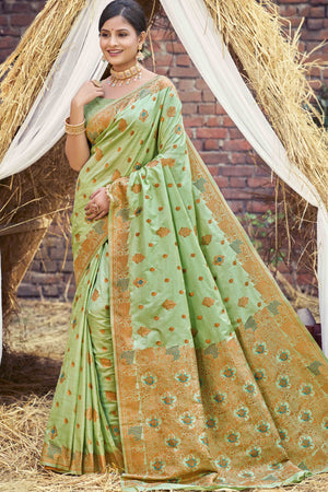 Green Banarasi Silk Saree Adorned With Woven Zari Floral Motifs