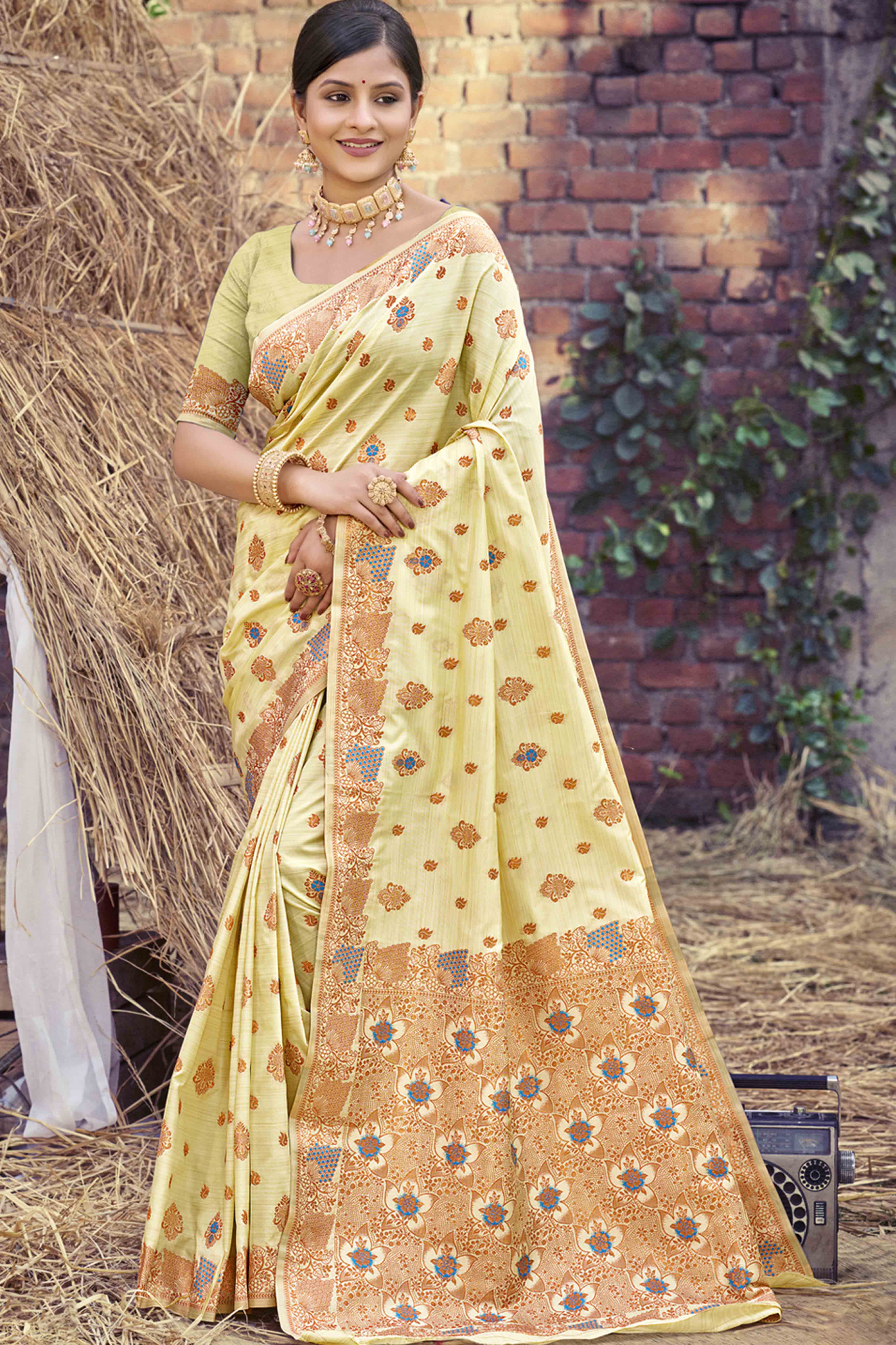 Light Yellow Banarasi Silk Saree Adorned With Woven Zari Floral Motifs